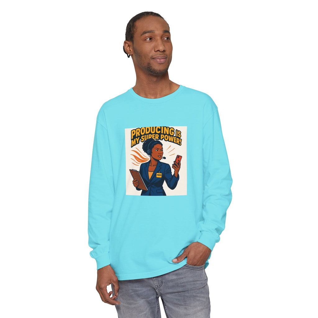 News Producer Power Long Sleeve Tee — "Producing Is My Superpower" Graphic