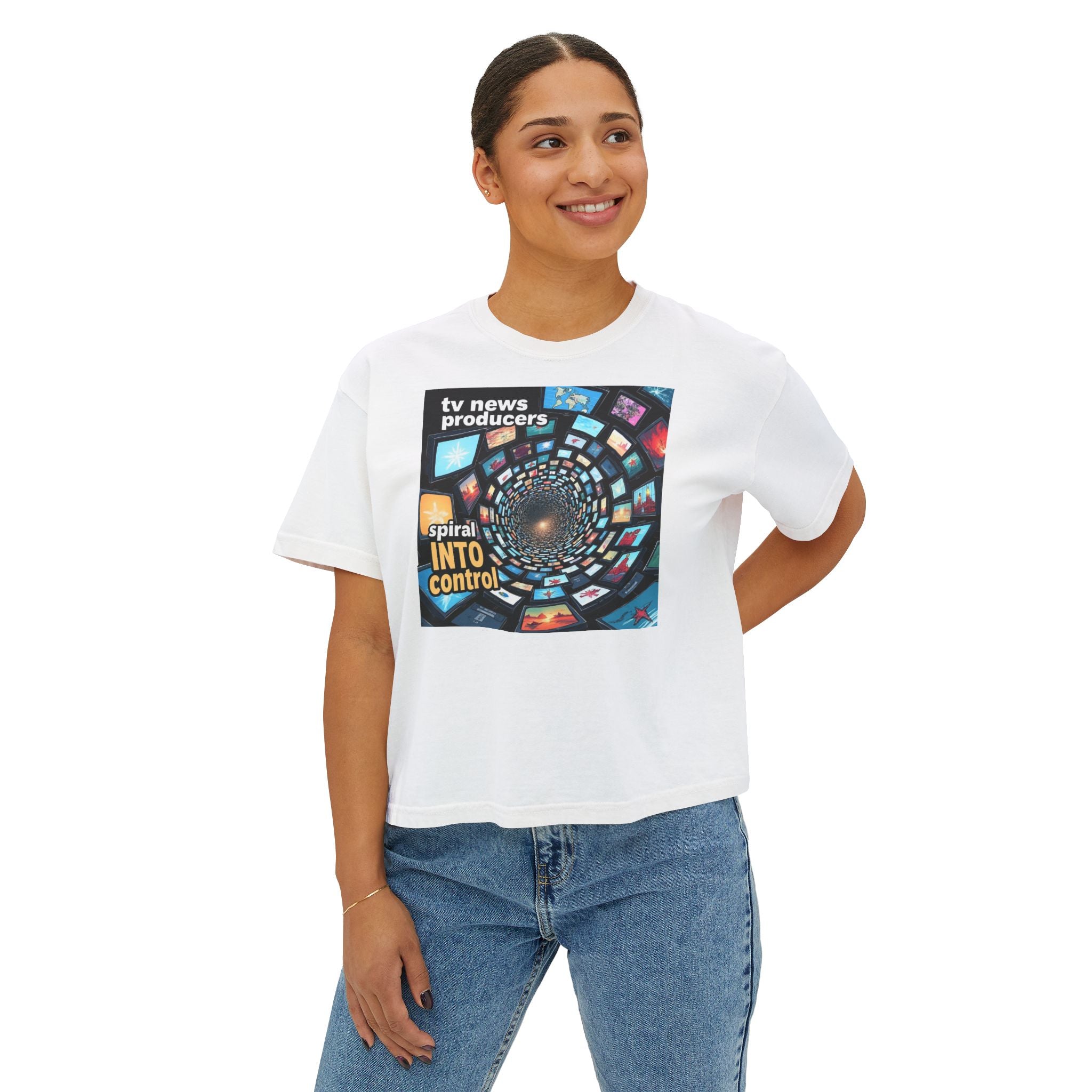 "TV News Producers Spiral INTO Control"... Women's Boxy Tee, Trendy Graphic Shirt, Casual Wear, Gift for TV Lovers, Summer Top, Artsy Tee