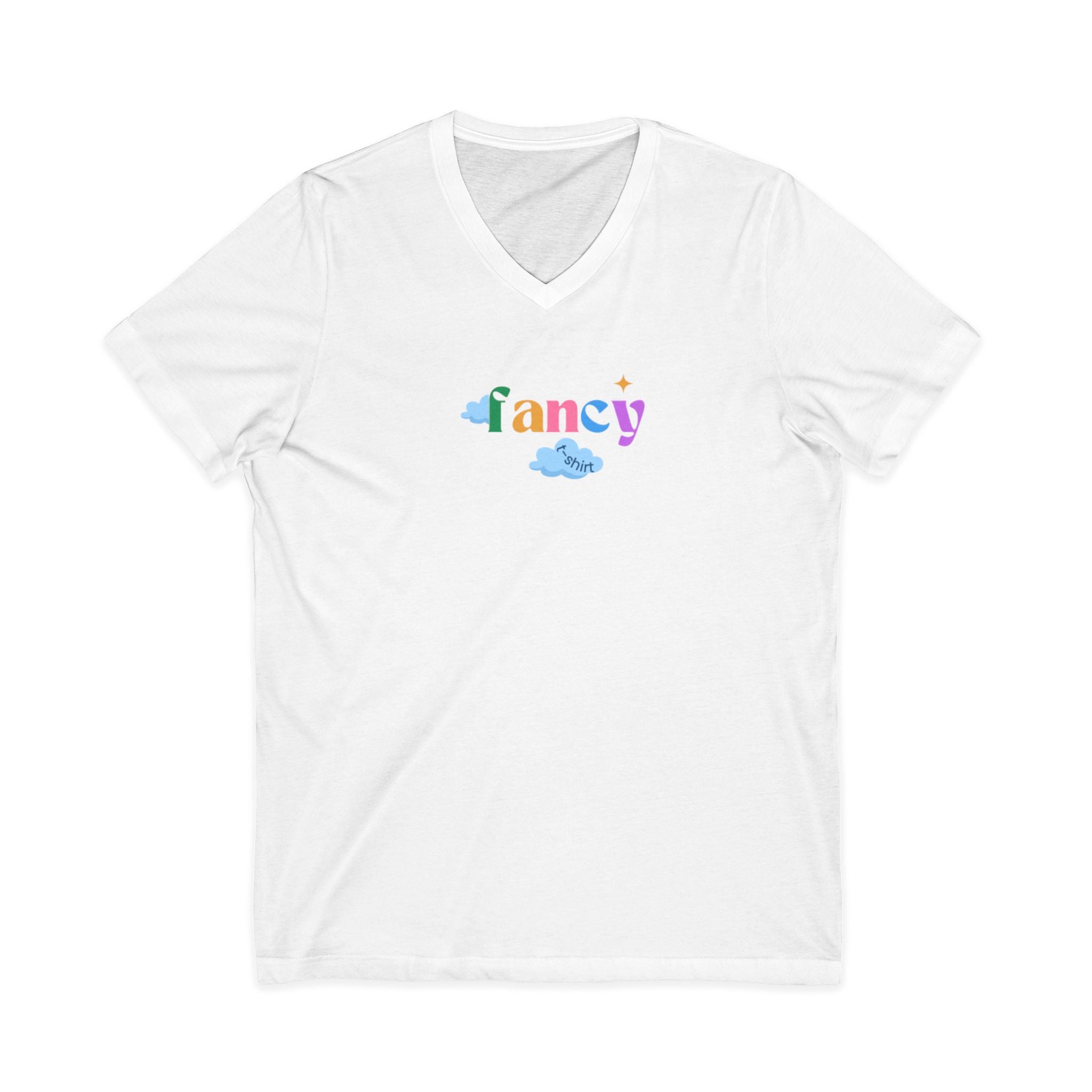'Fancy" Colorful V-Neck Tee — 'Fancy' Front Script & Original Art Back