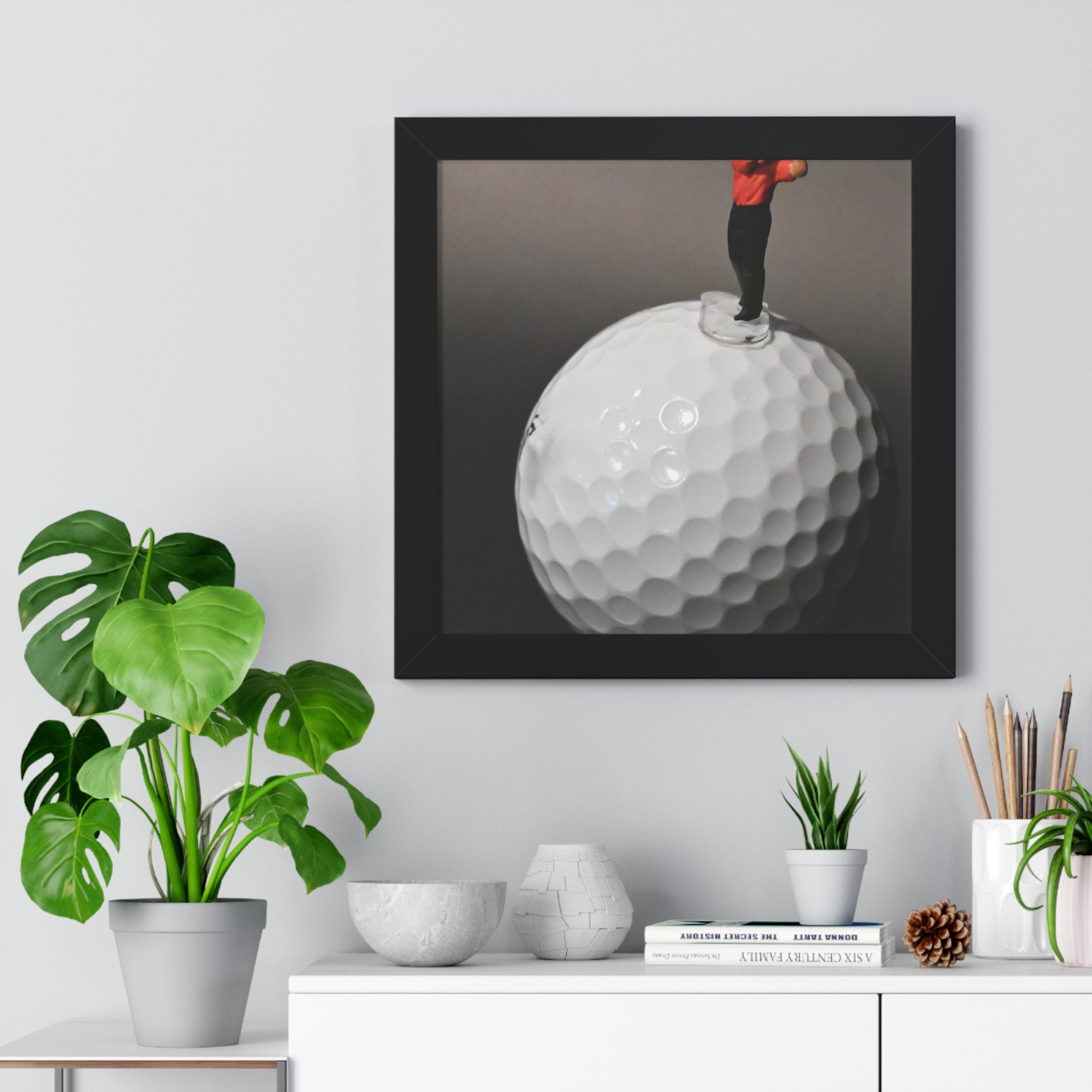 Golf Swing Framed Poster — Miniature Golfer on Giant Golf Ball (Vertical)