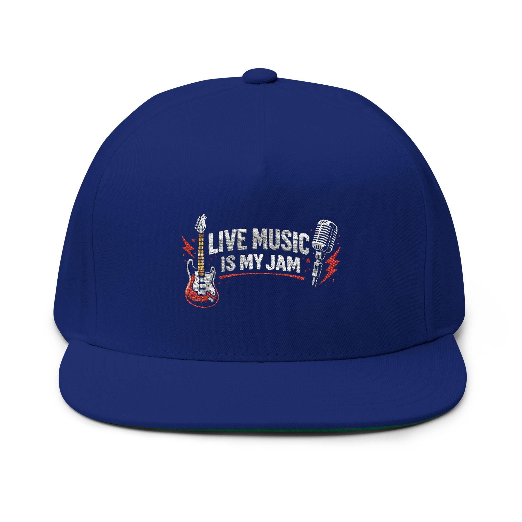 Live Music Is My Jam Embroidered Flat Bill Cap — Guitar & Mic Music Lover Snapback
