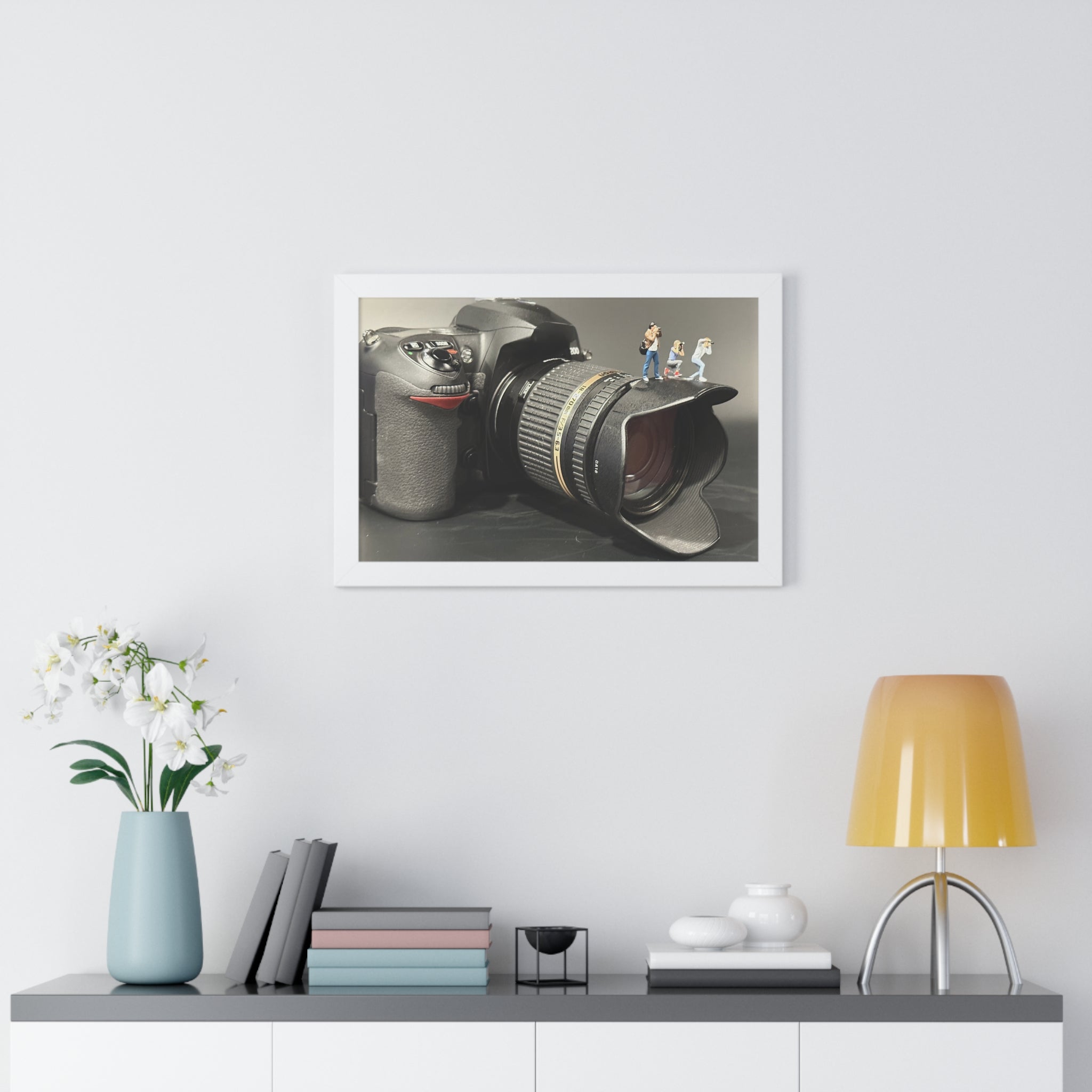 Framed Photo Art — Camera with Miniature Figures (Horizontal Poster)