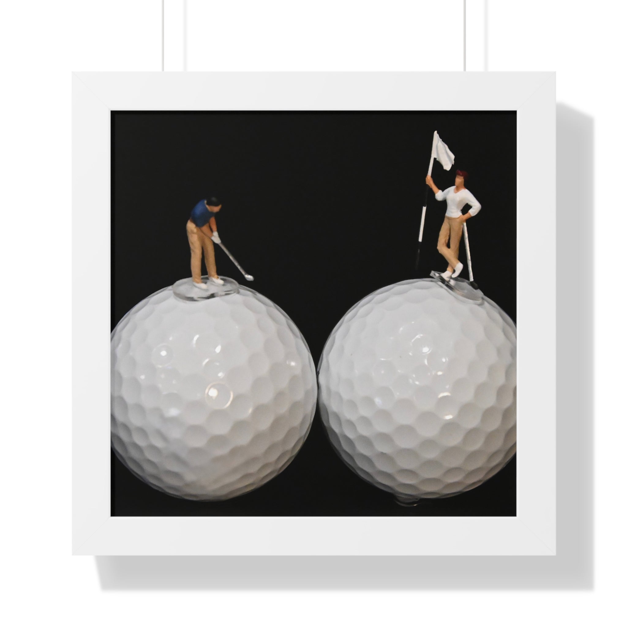 Framed Poster — Miniature Golfers on Golf Ball Landscape (Vertical)