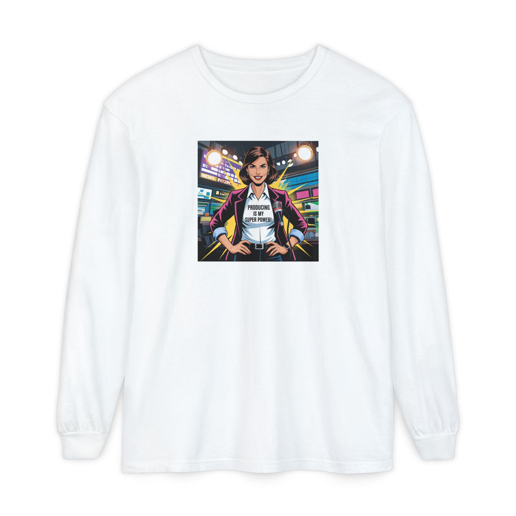 Producing is my super power! Long Sleeve T‑Shirt — Retro Comic Book Girl Graphic (Original Art)