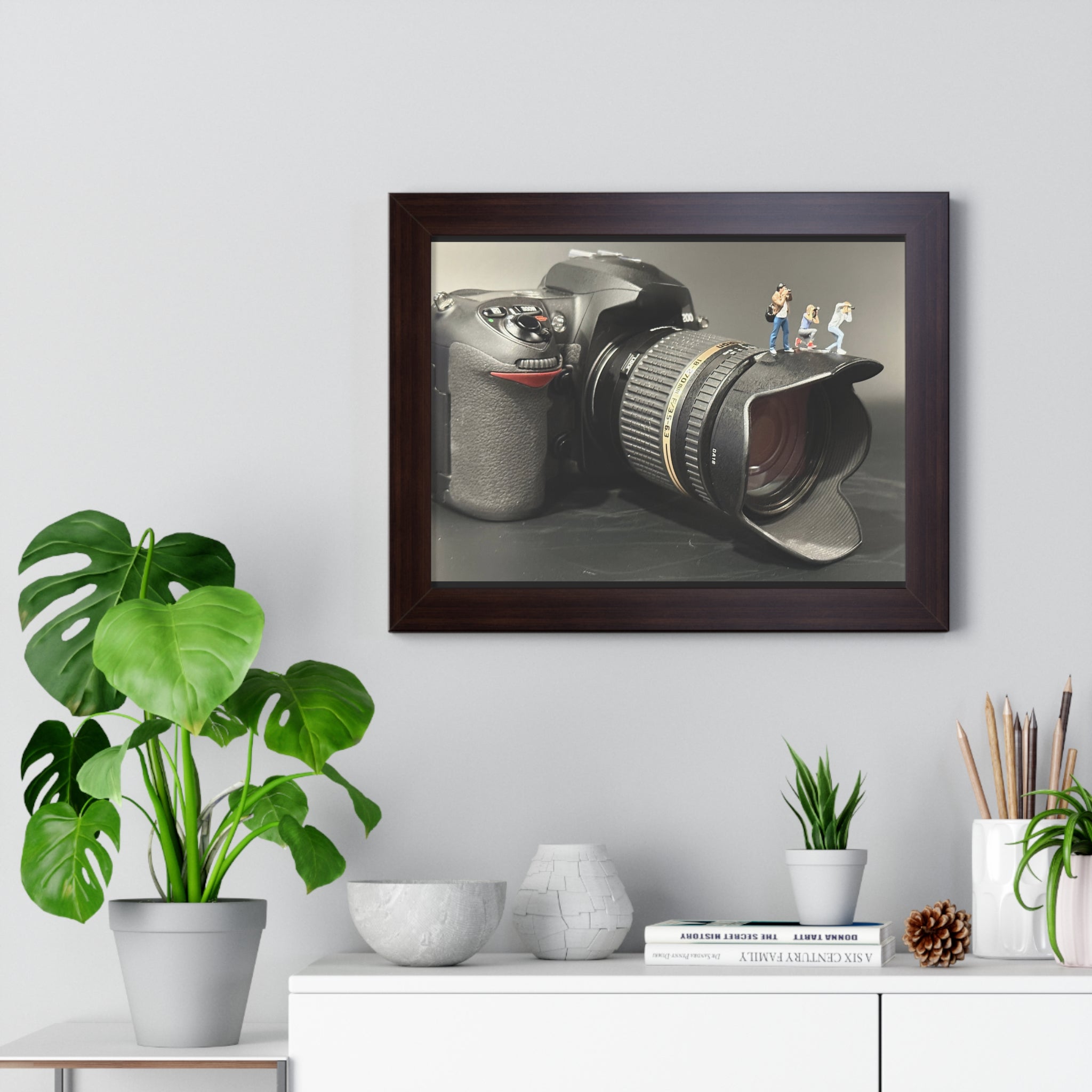 Framed Photo Art — Camera with Miniature Figures (Horizontal Poster)