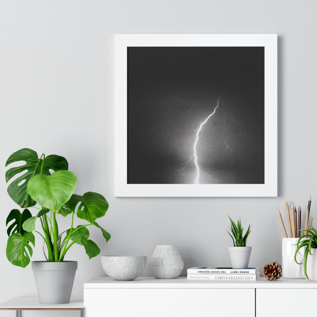Lightning Strike Framed Poster — Moody Black & White Vertical Wall Art