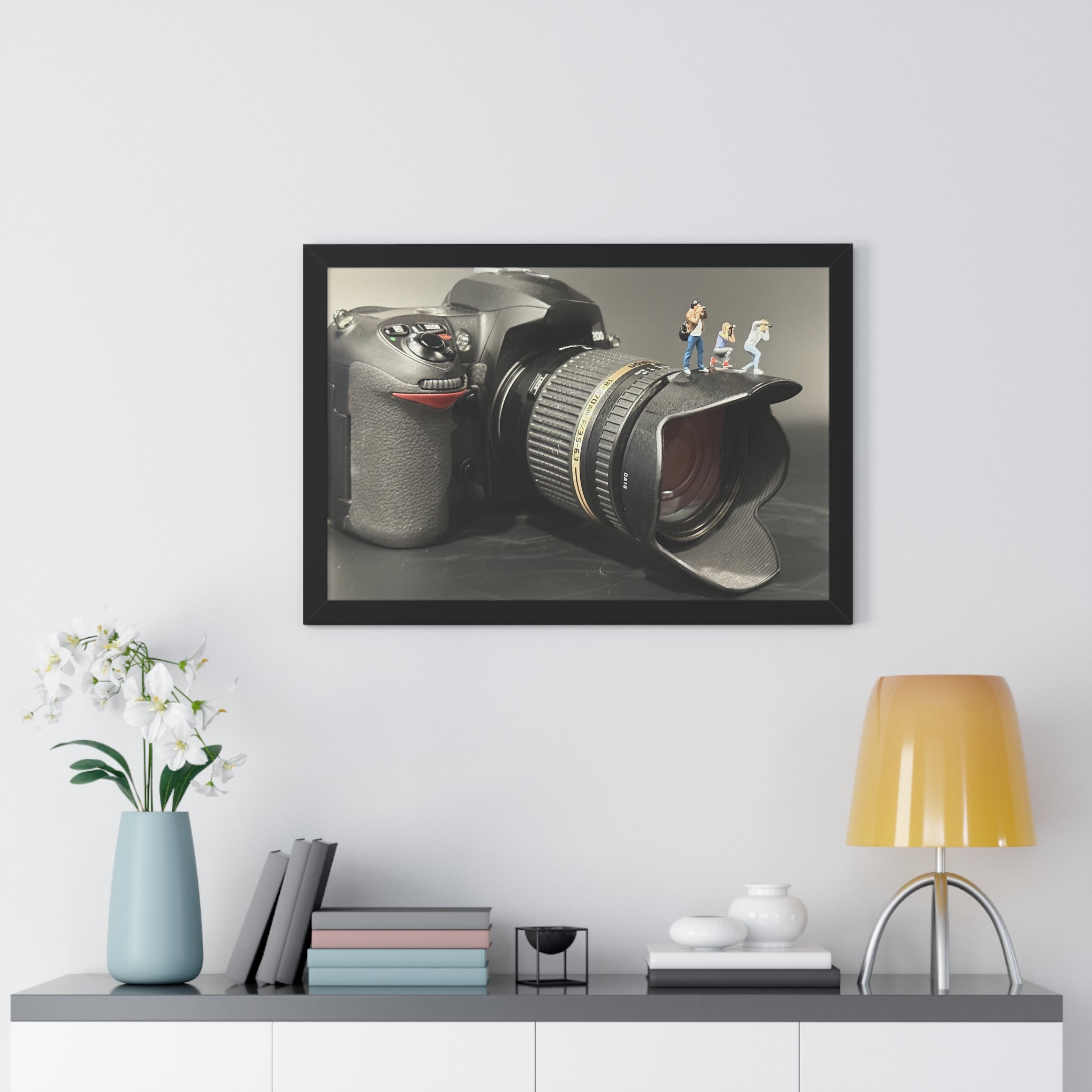 Framed Photo Art — Camera with Miniature Figures (Horizontal Poster)