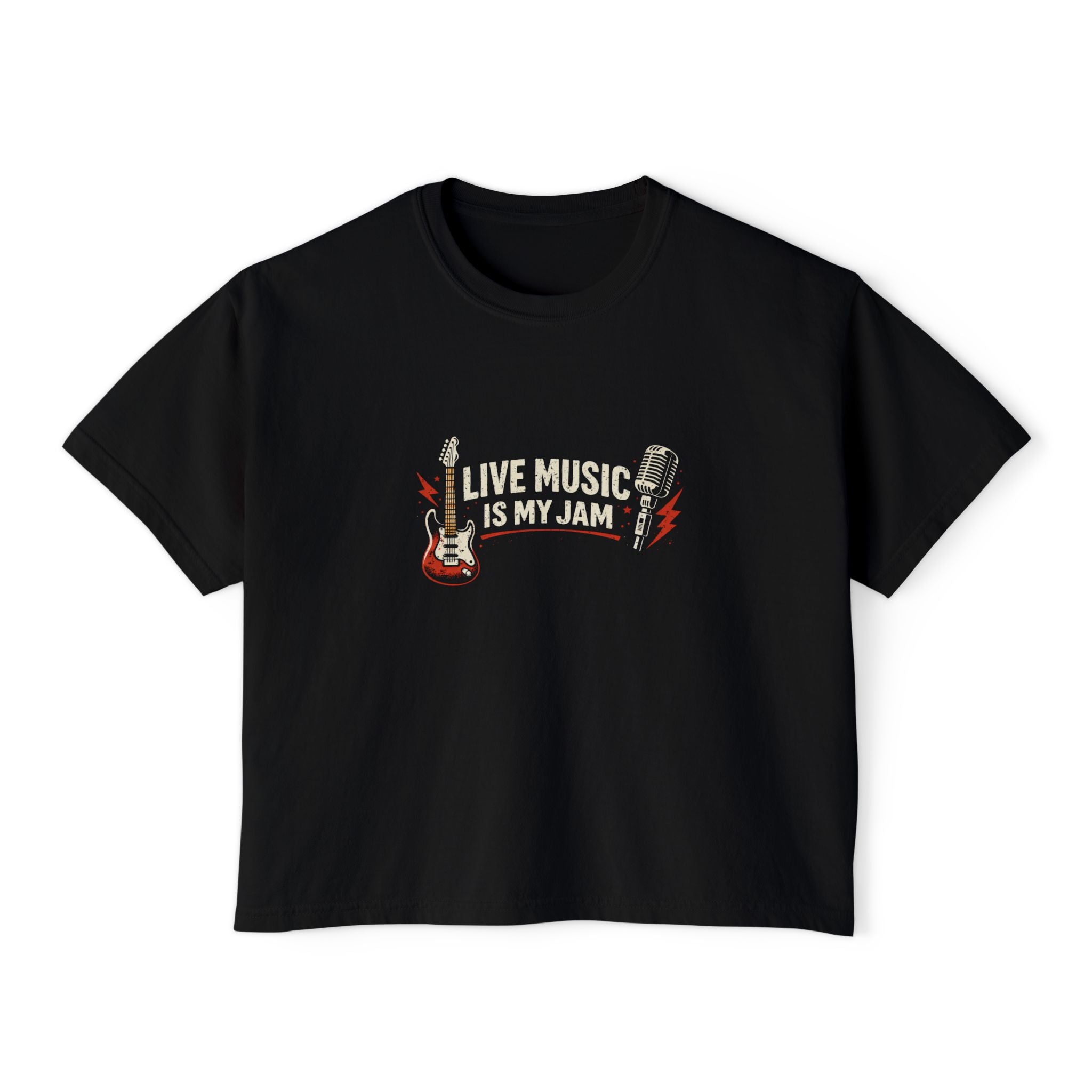 Live Music Is My Jam Boxy Tee — Retro Guitar Graphic Crop Tee