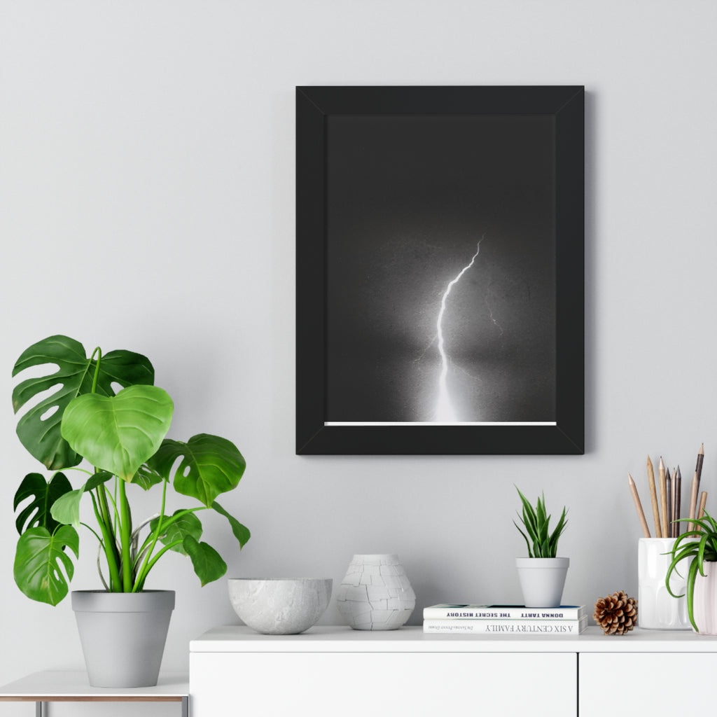 Lightning Strike Framed Poster — Moody Black & White Vertical Wall Art