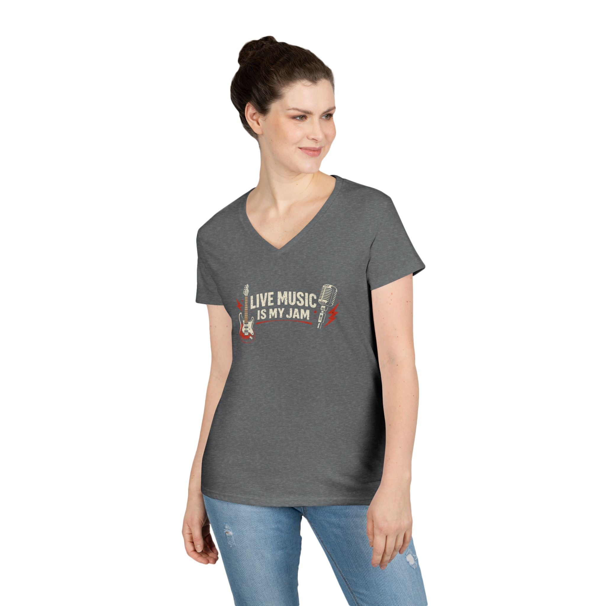 Live Music Is My Jam Ladies' V-Neck T-Shirt — Colorful 'Original Art' Back Print