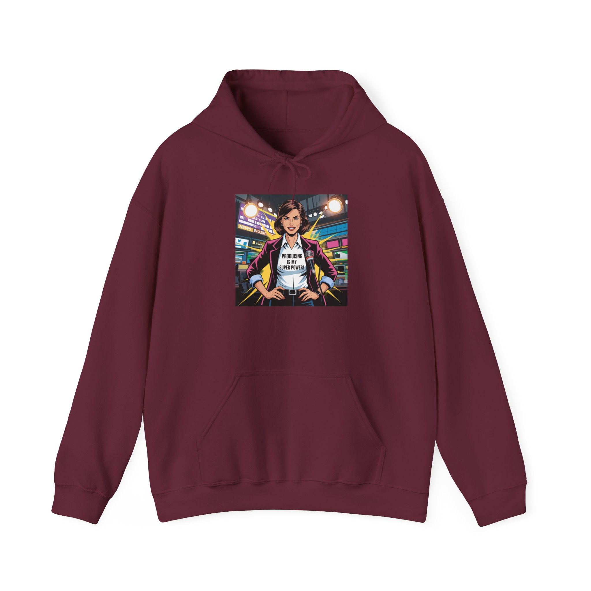 "Producing is My Super Power!" Retro Arcade Girl Graphic Hoodie — "Original Art" Back Print