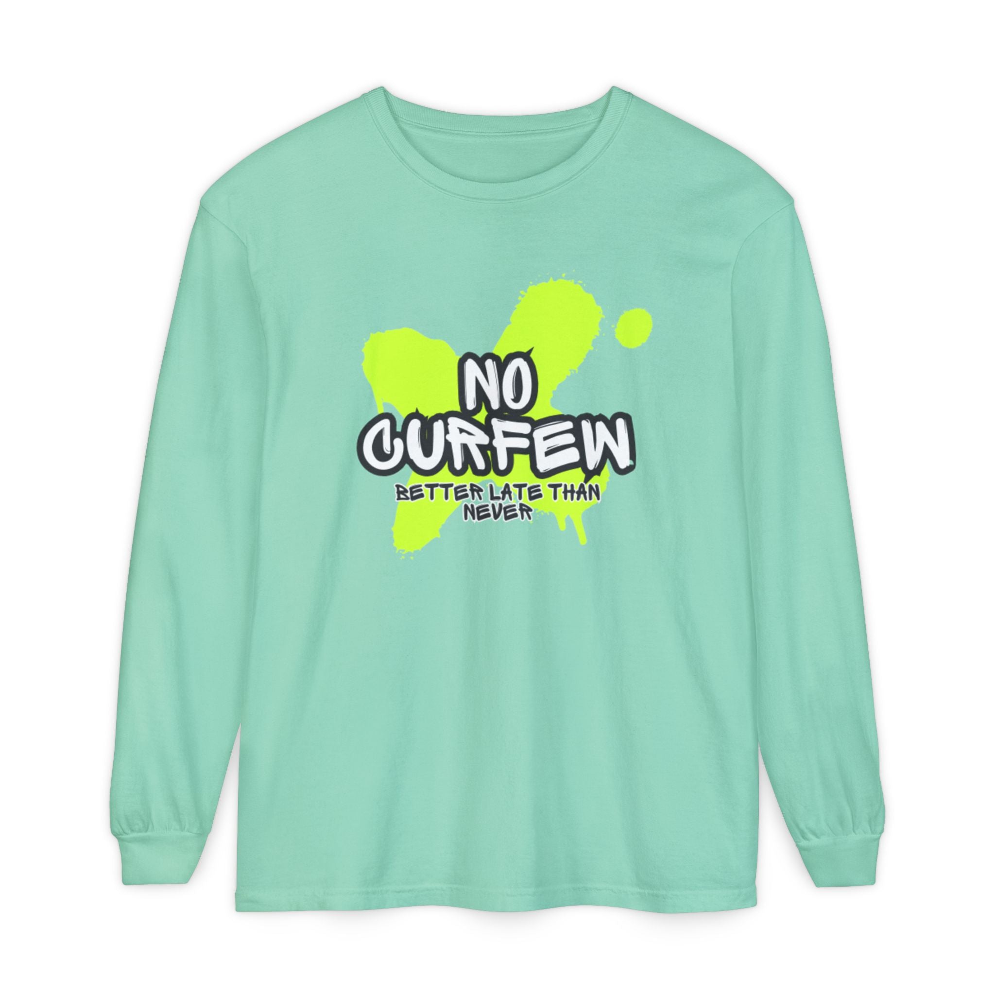 Unisex Long Sleeve Graphic Tee - Fun 'No Curfew' Design for Casual Wear, Gifts, Parties, Festivals, Youth Style