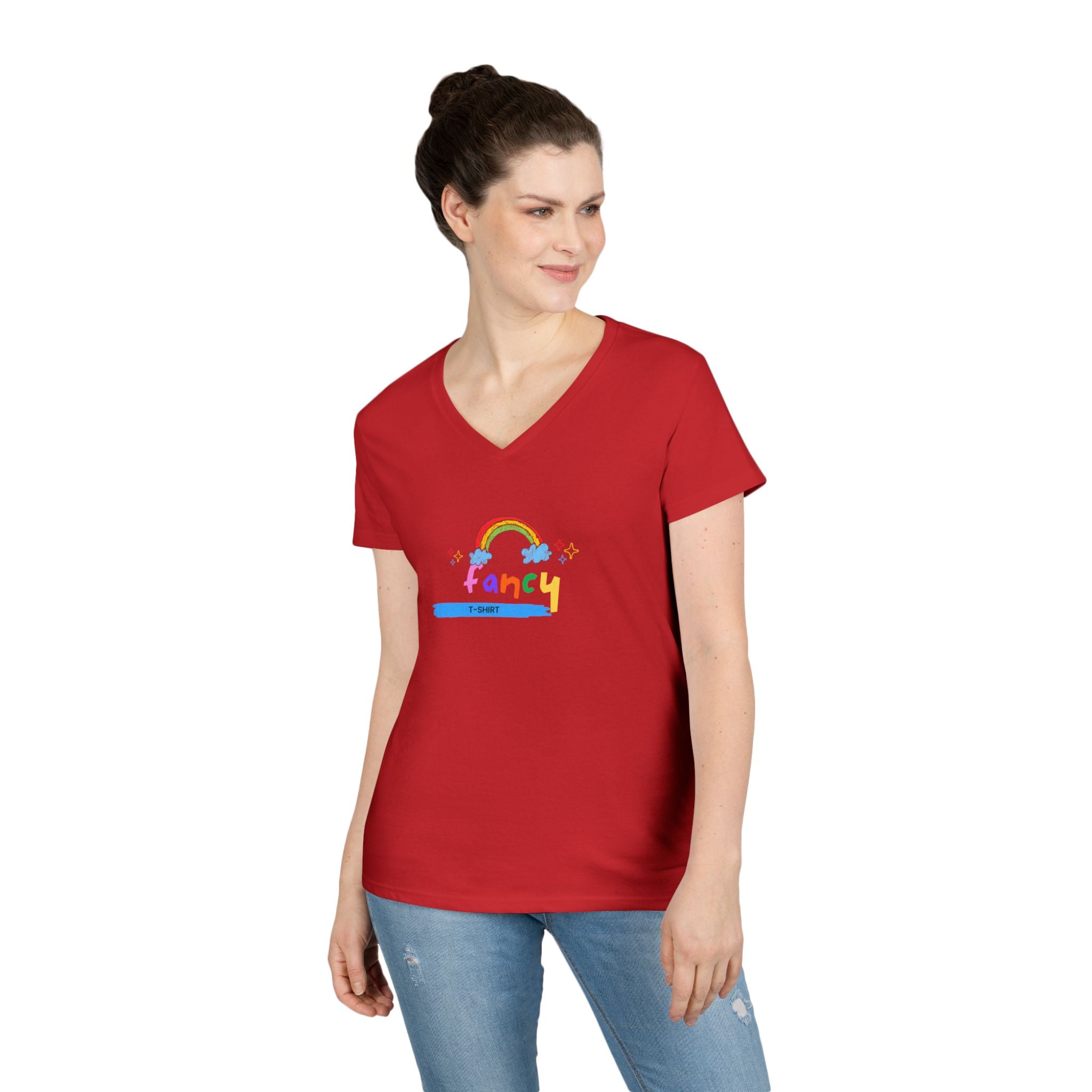 "Fancy" V-Neck Tee — 'Fancy' Cute Rainbow Graphic