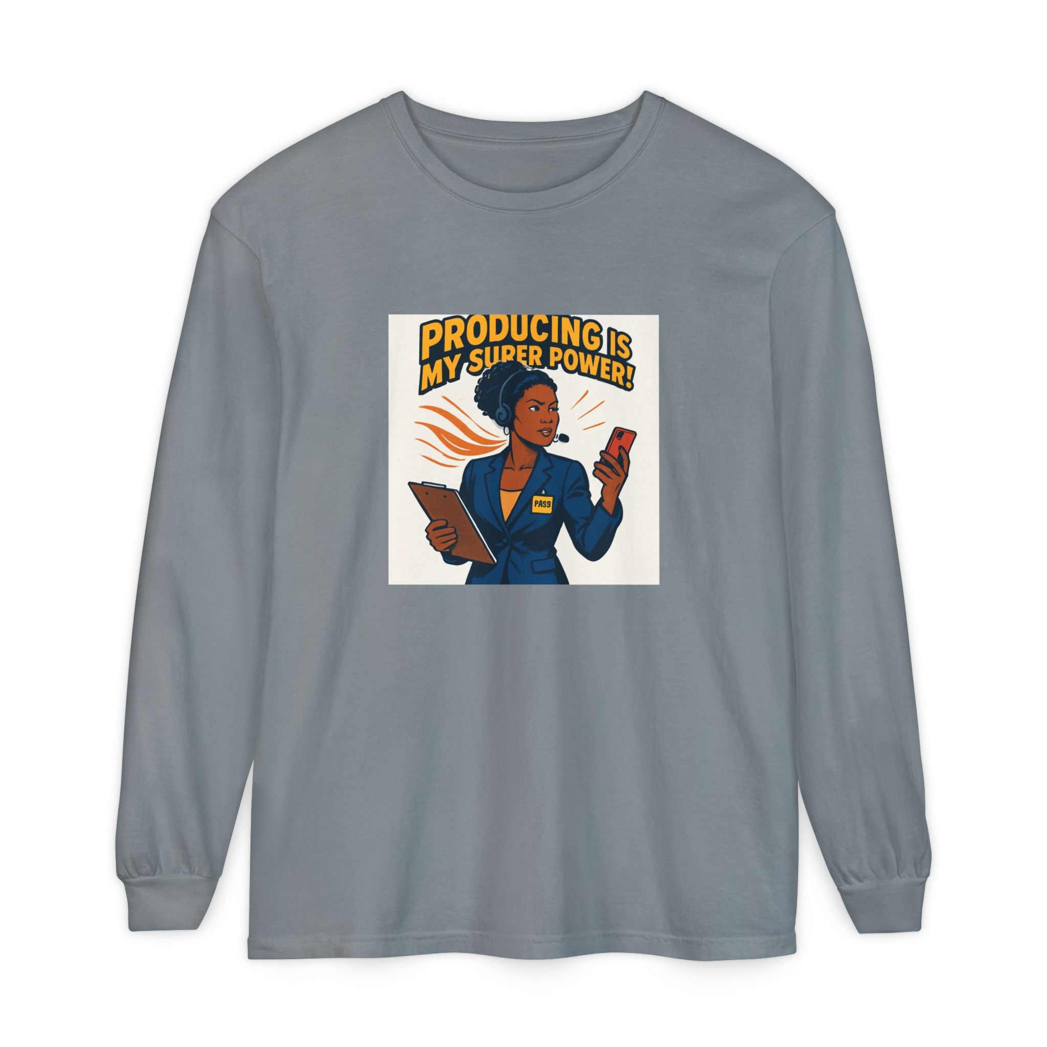 News Producer Power Long Sleeve Tee — "Producing Is My Superpower" Graphic