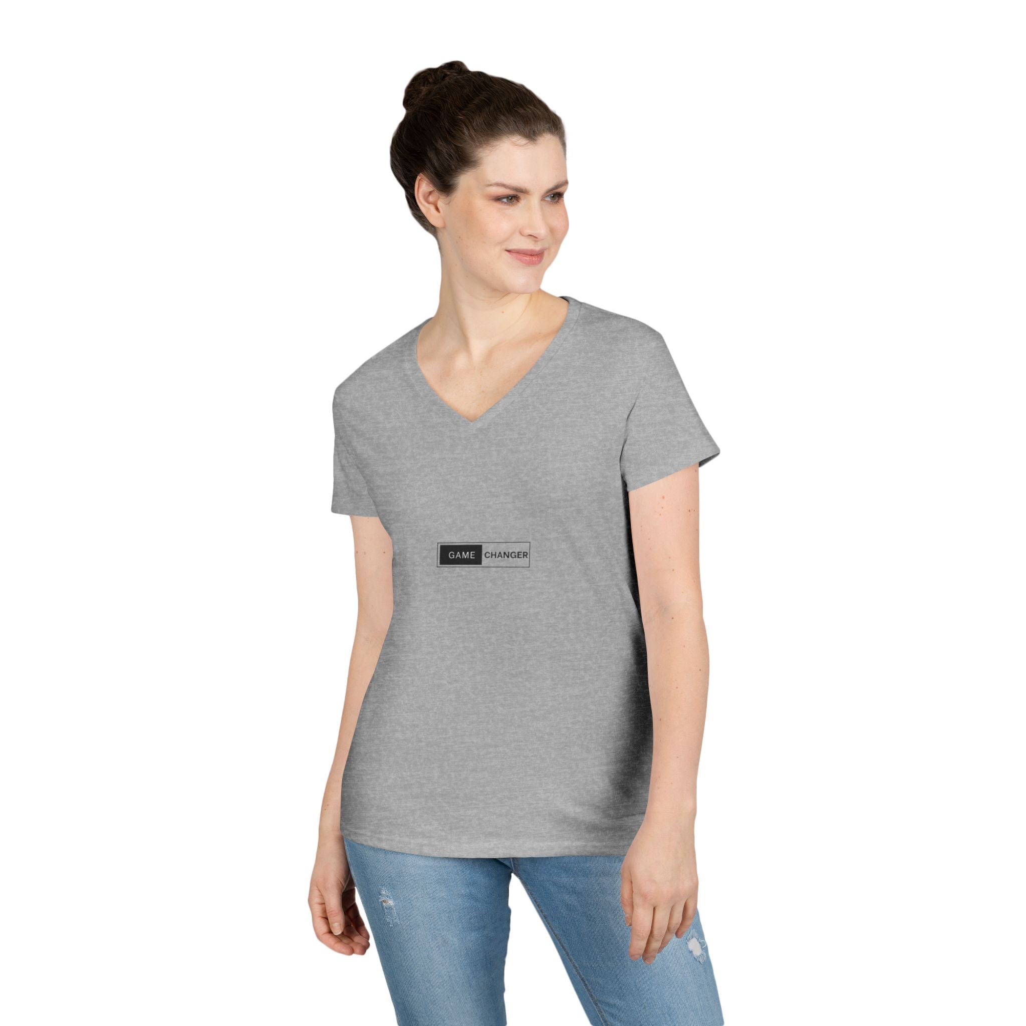 Game Changer Ladies' V-Neck T-Shirt — Minimal Front Logo & Colorful Back Art