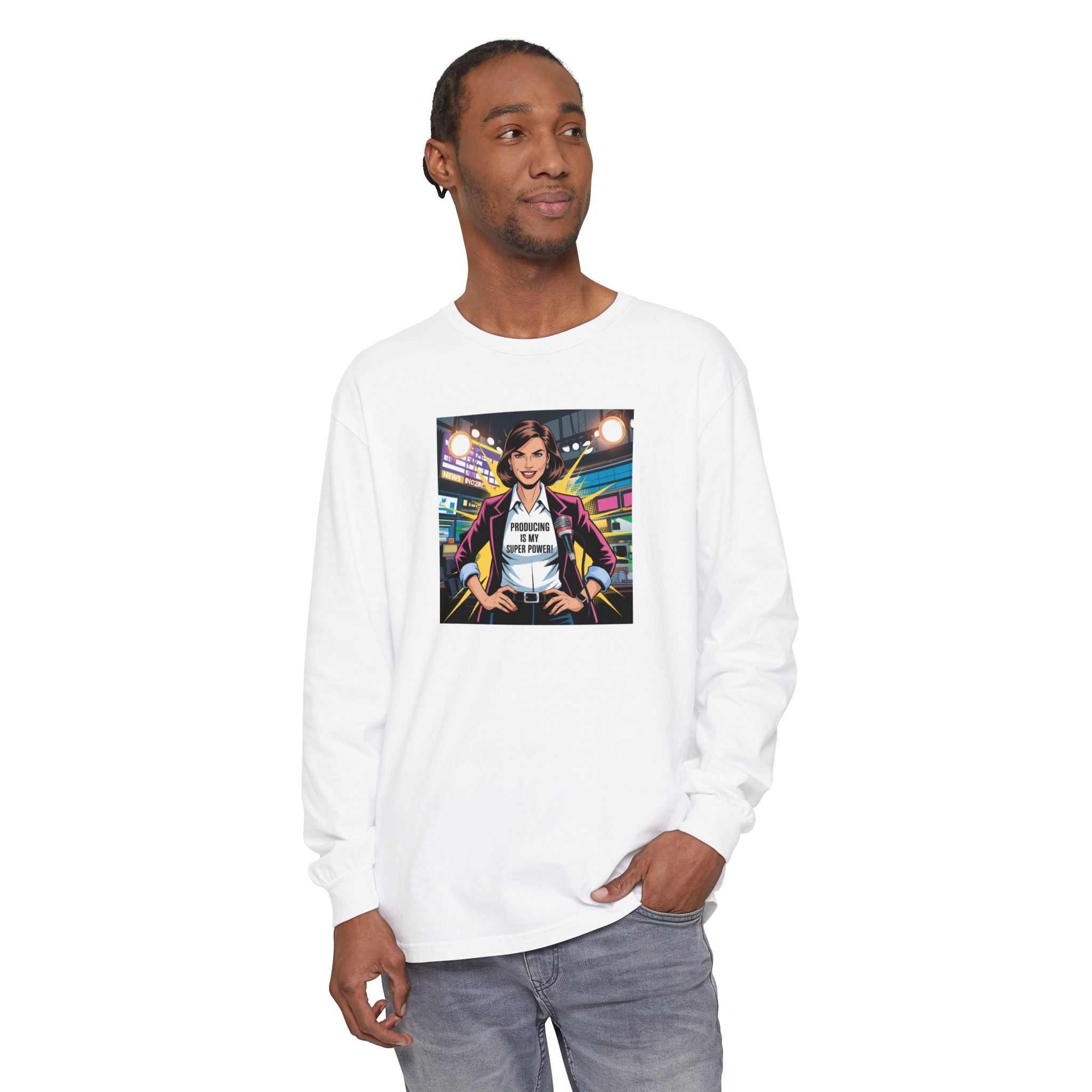 Producing is my super power! Long Sleeve T‑Shirt — Retro Comic Book Girl Graphic (Original Art)