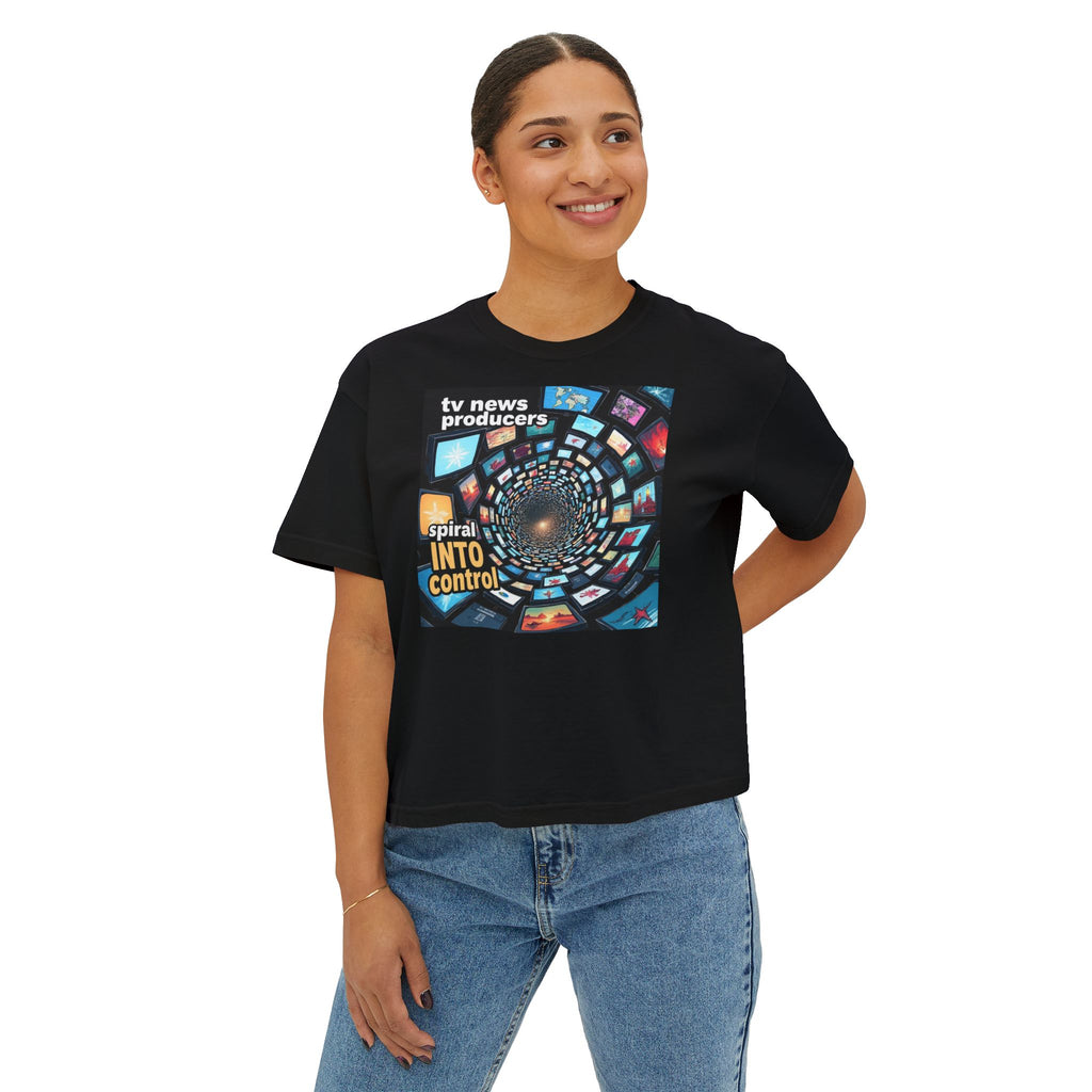 "TV News Producers Spiral INTO Control"... Women's Boxy Tee, Trendy Graphic Shirt, Casual Wear, Gift for TV Lovers, Summer Top, Artsy Tee