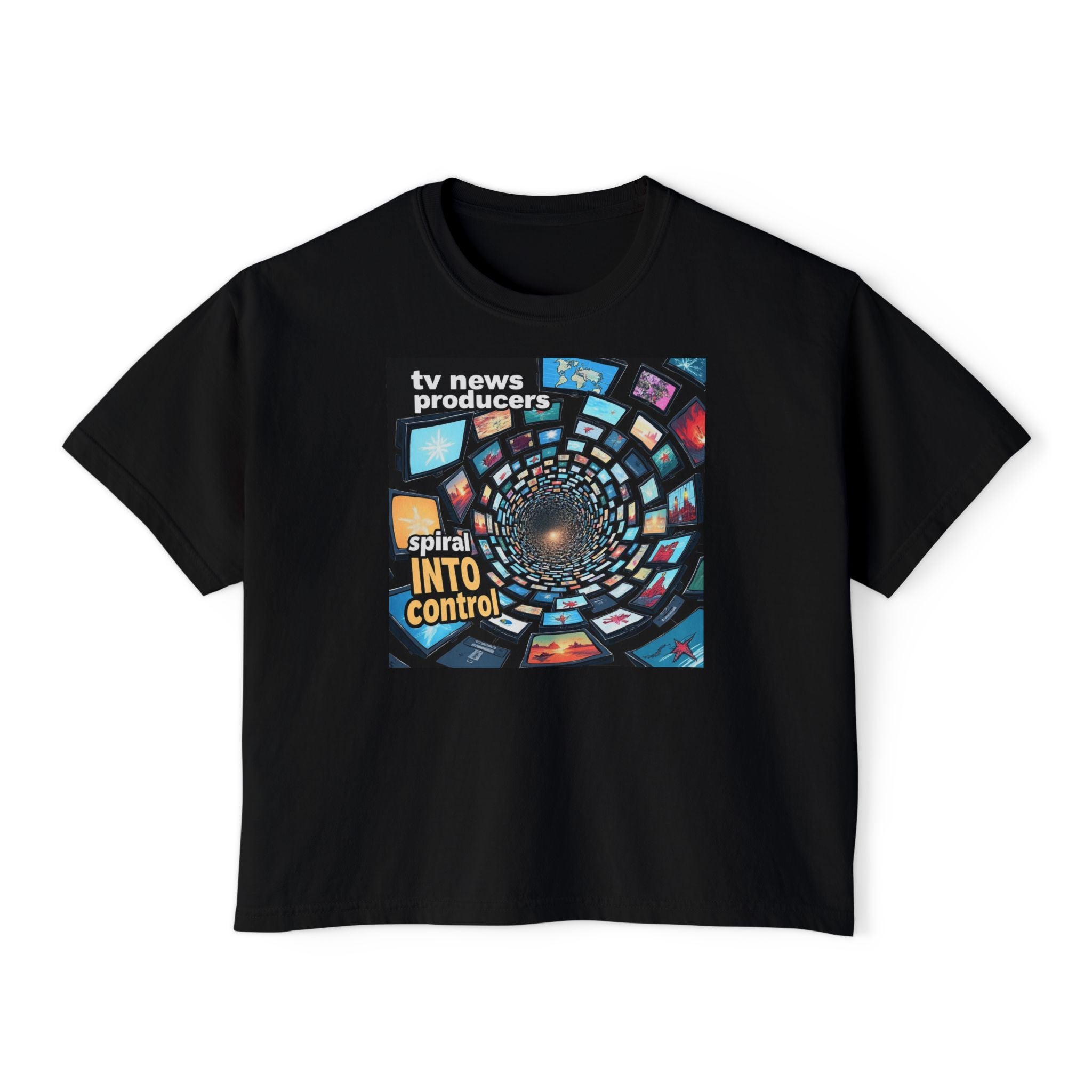 "TV News Producers Spiral INTO Control"... Women's Boxy Tee, Trendy Graphic Shirt, Casual Wear, Gift for TV Lovers, Summer Top, Artsy Tee