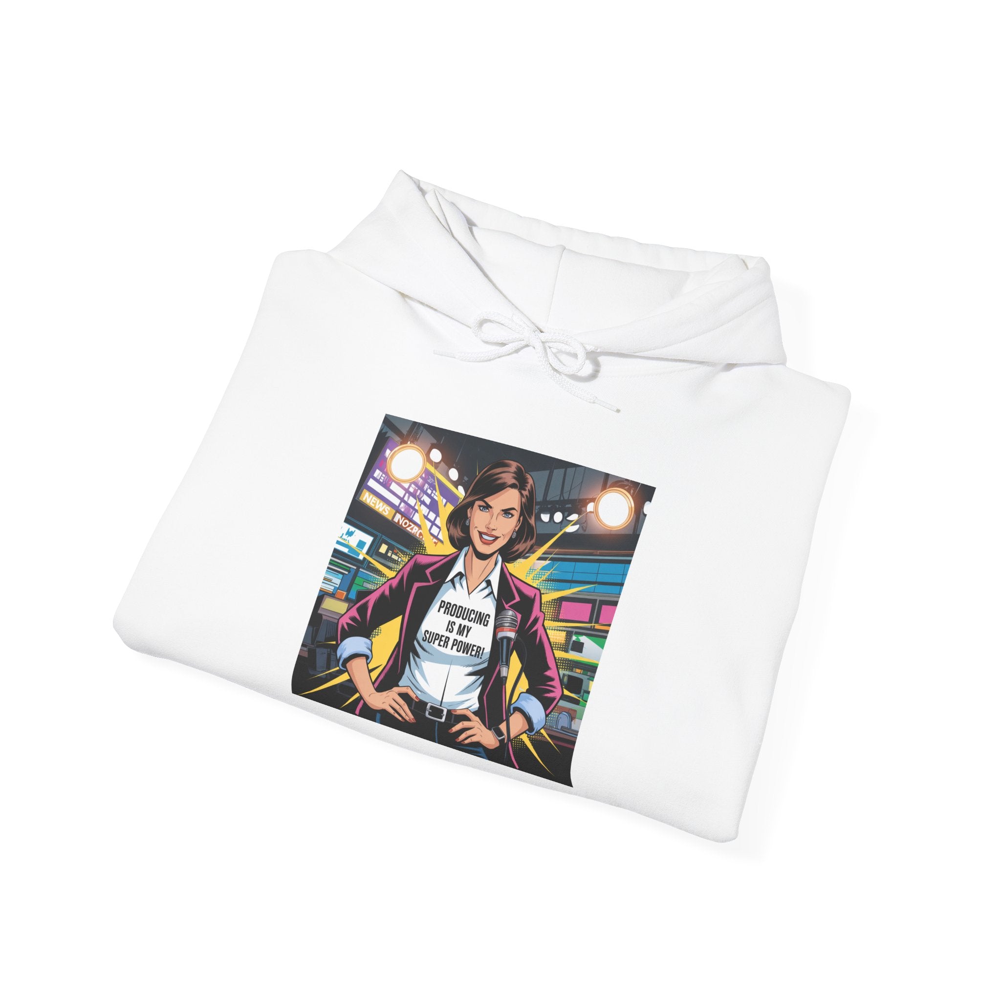 "Producing is My Super Power!" Retro Arcade Girl Graphic Hoodie — "Original Art" Back Print