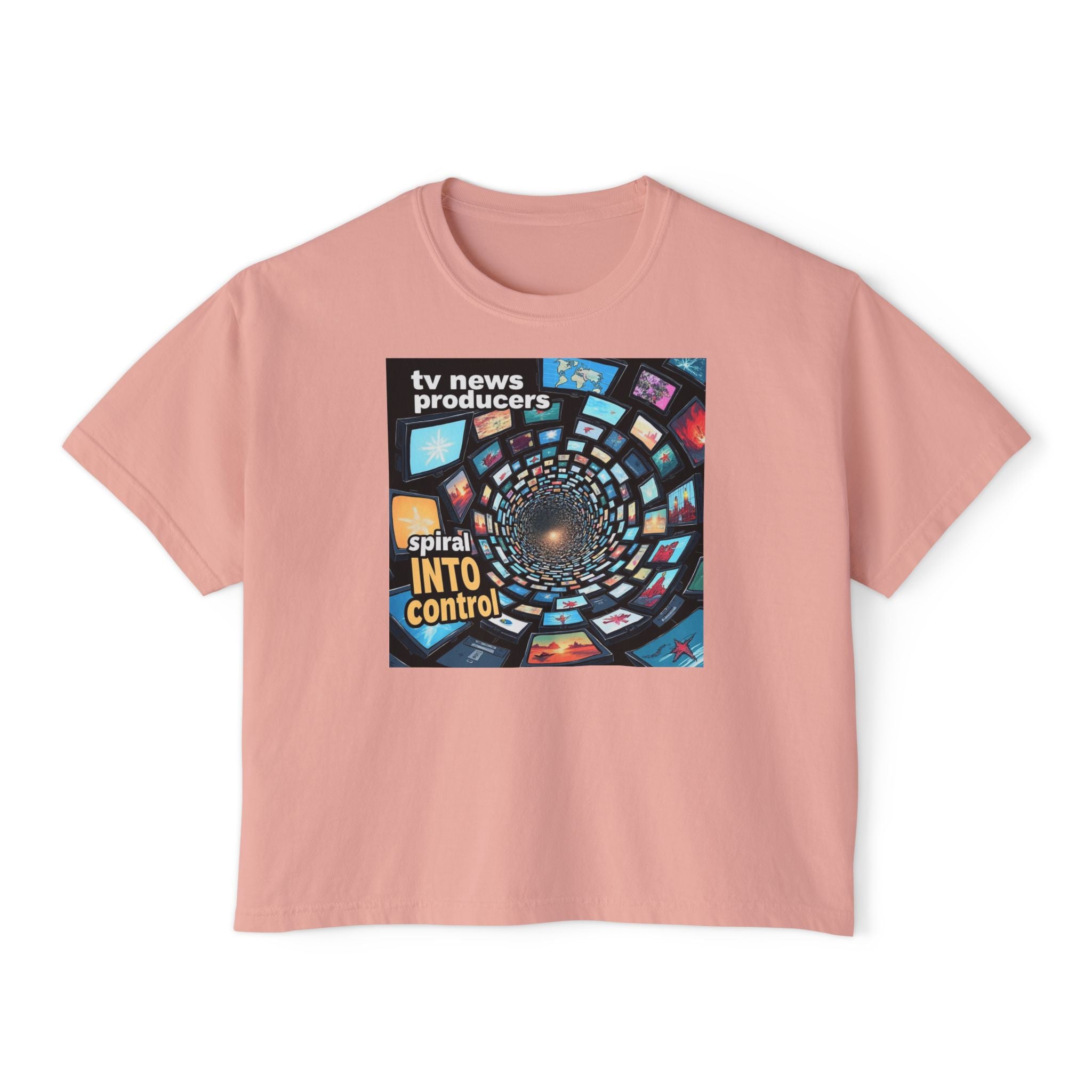 "TV News Producers Spiral INTO Control"... Women's Boxy Tee, Trendy Graphic Shirt, Casual Wear, Gift for TV Lovers, Summer Top, Artsy Tee
