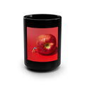 Black Ceramic Mug — Miniature Figure Pushing Giant Apple Art 15oz