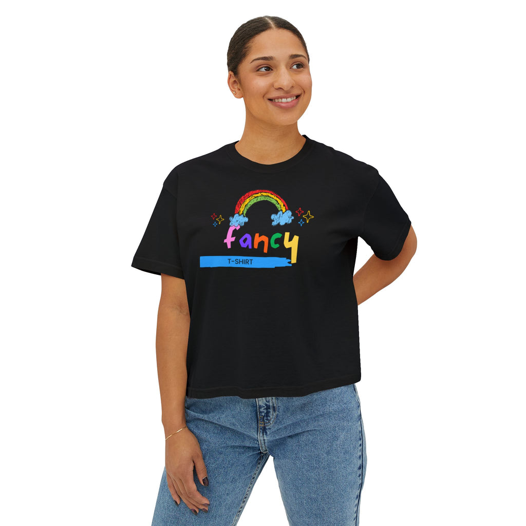 Fancy Rainbow Boxy Tee — Colorful 'Fancy' Graphic Women's Shirt