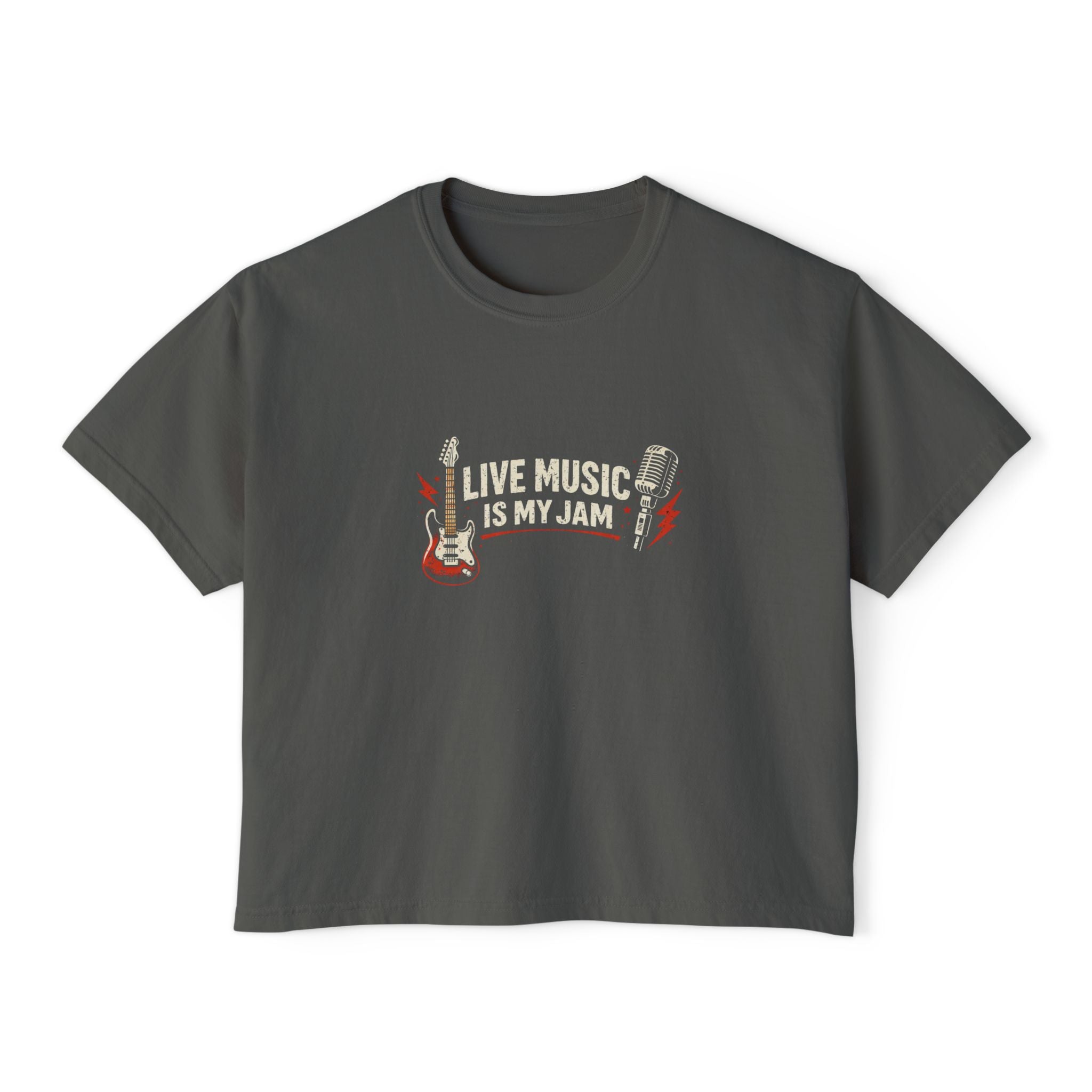 Live Music Is My Jam Boxy Tee — Retro Guitar Graphic Crop Tee