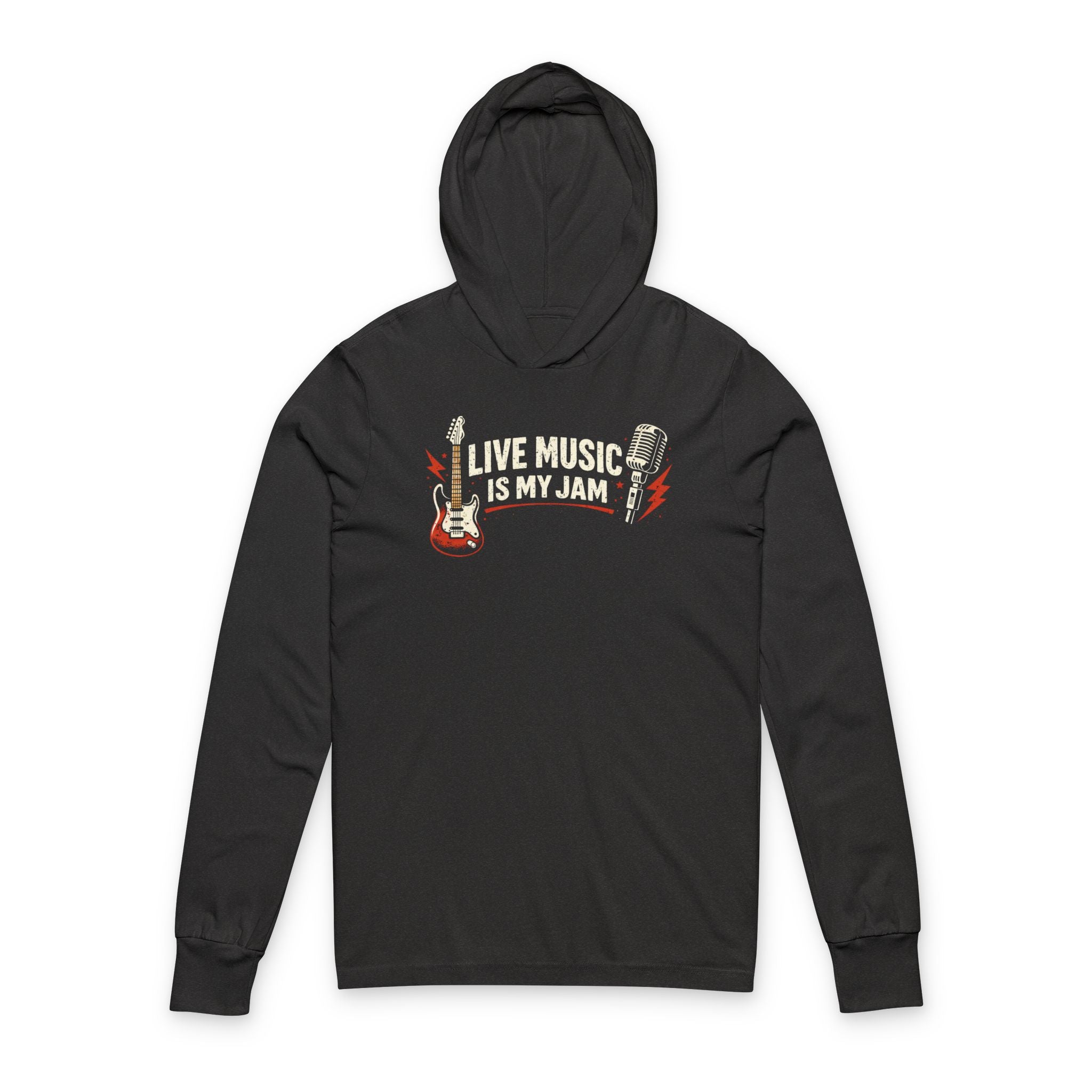 Live Music Is My Jam Hooded Tee — Guitar & Mic Graphic Long Sleeve