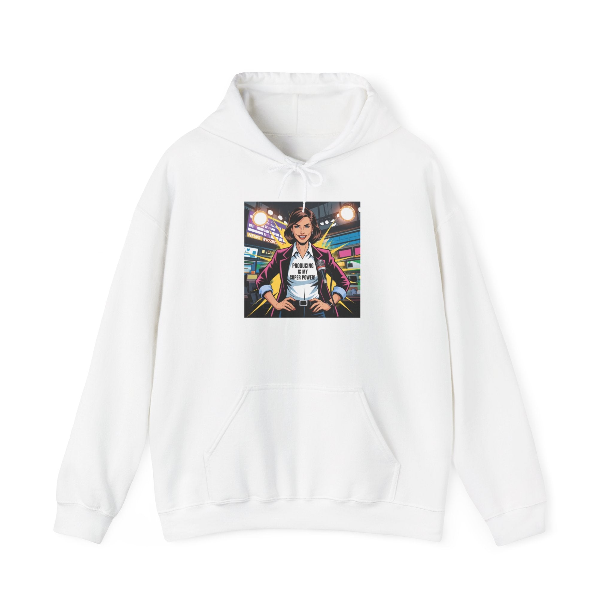 "Producing is My Super Power!" Retro Arcade Girl Graphic Hoodie — "Original Art" Back Print
