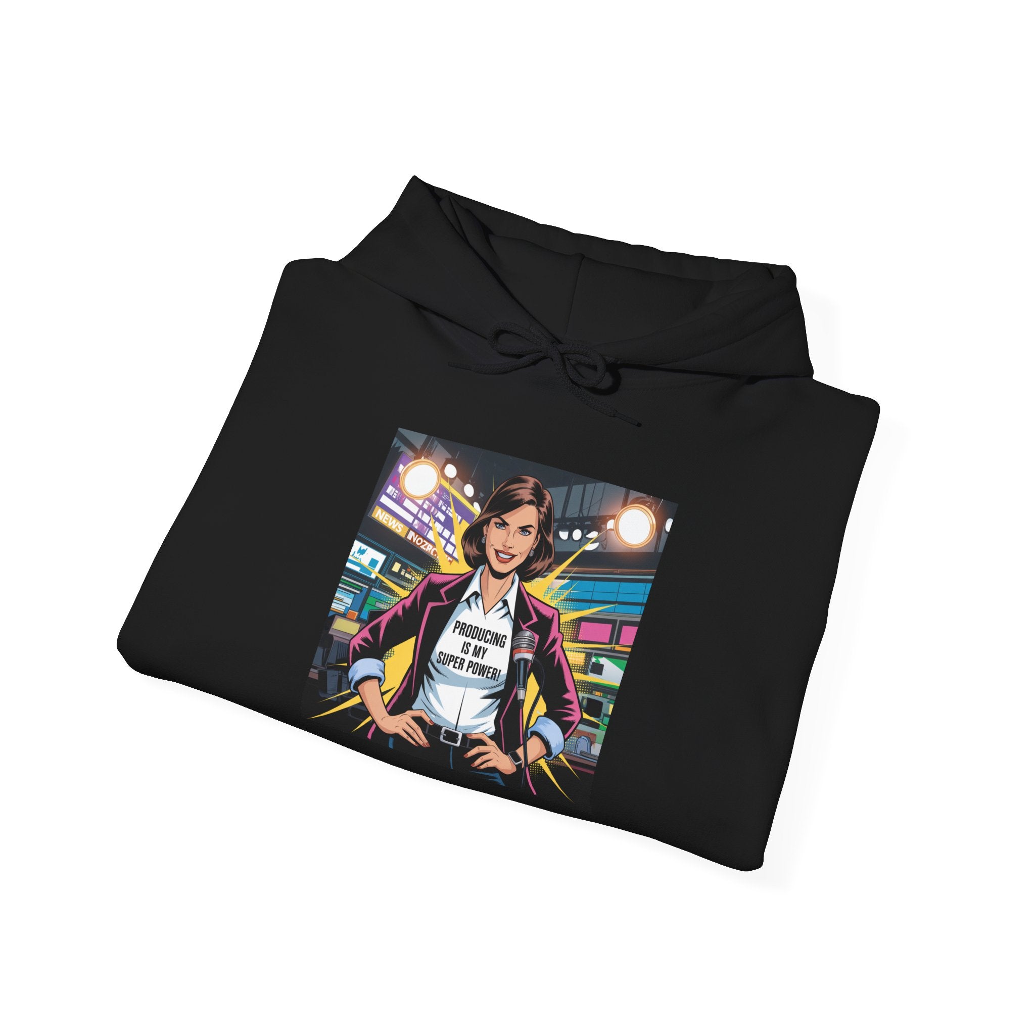 "Producing is My Super Power!" Retro Arcade Girl Graphic Hoodie — "Original Art" Back Print