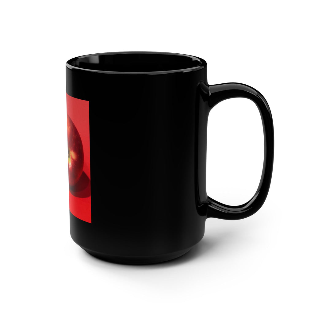 Black Ceramic Mug — Miniature Figure Pushing Giant Apple Art 15oz