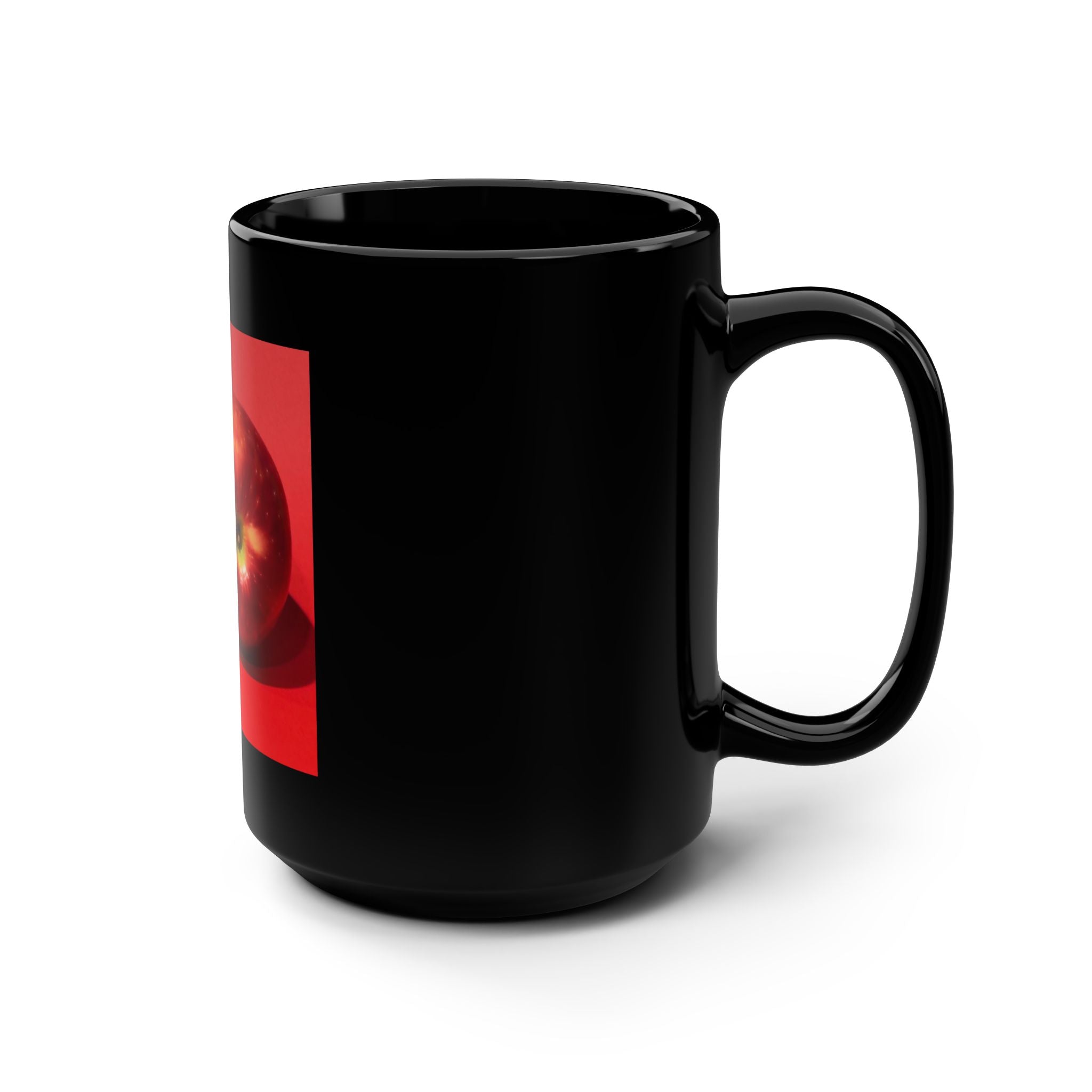 Black Ceramic Mug — Miniature Figure Pushing Giant Apple Art 15oz