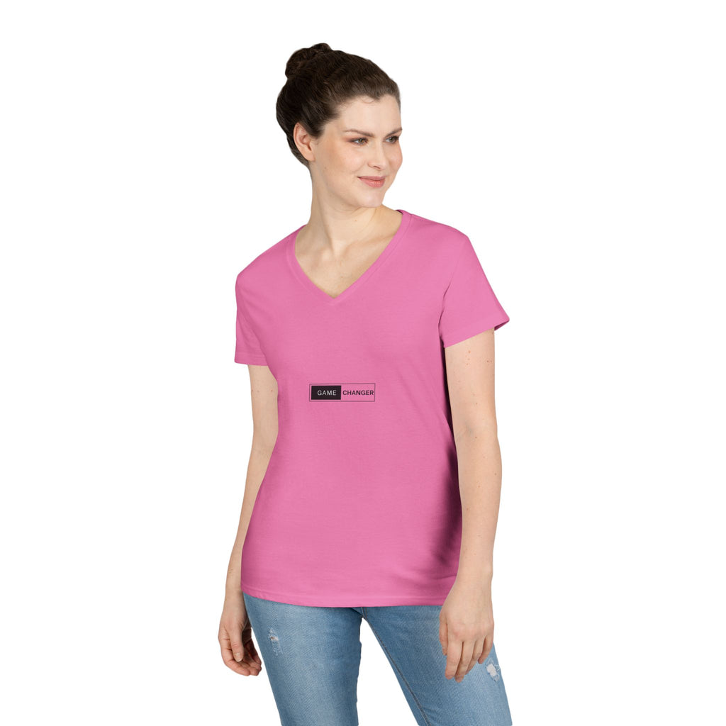 Game Changer Ladies' V-Neck T-Shirt — Minimal Front Logo & Colorful Back Art