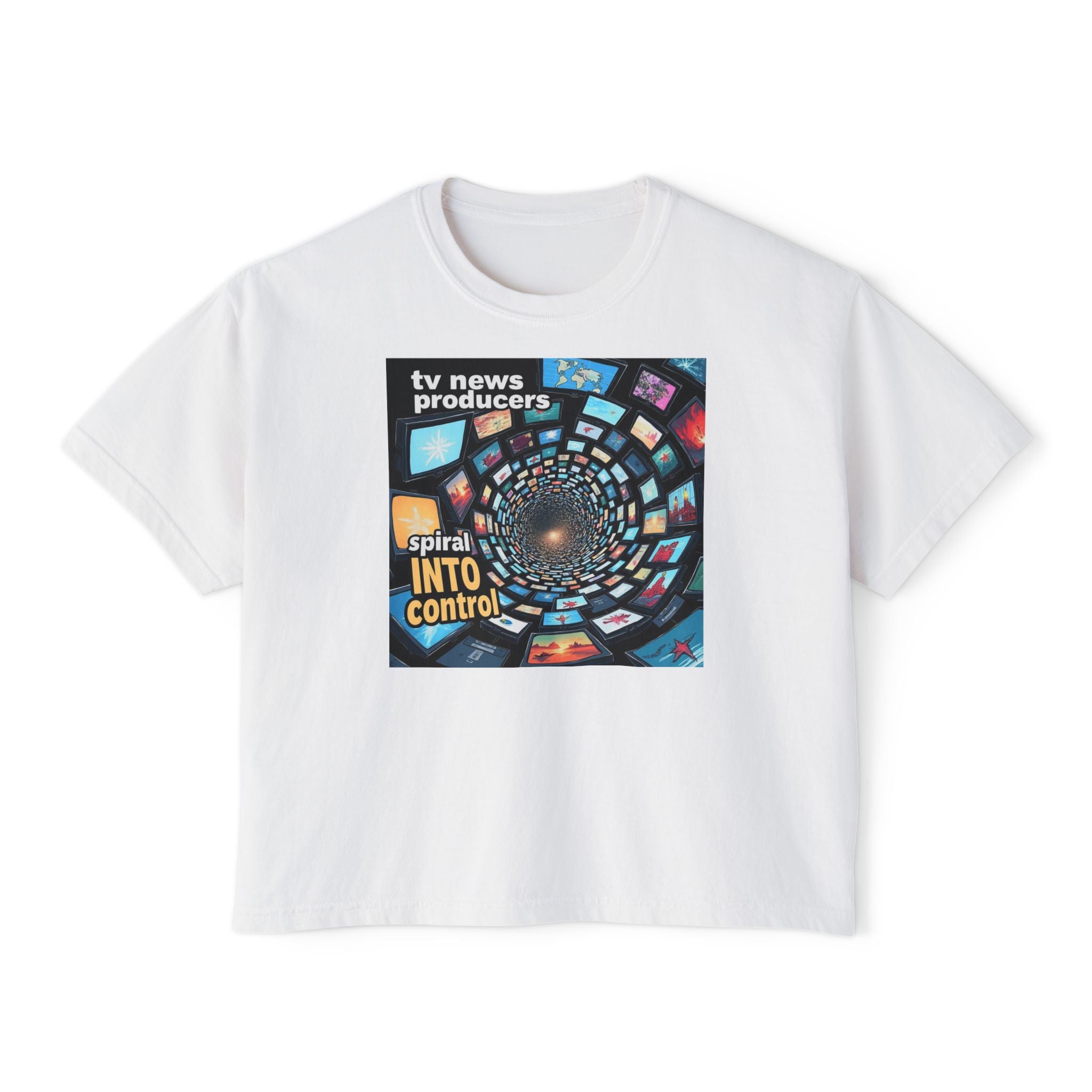 "TV News Producers Spiral INTO Control"... Women's Boxy Tee, Trendy Graphic Shirt, Casual Wear, Gift for TV Lovers, Summer Top, Artsy Tee