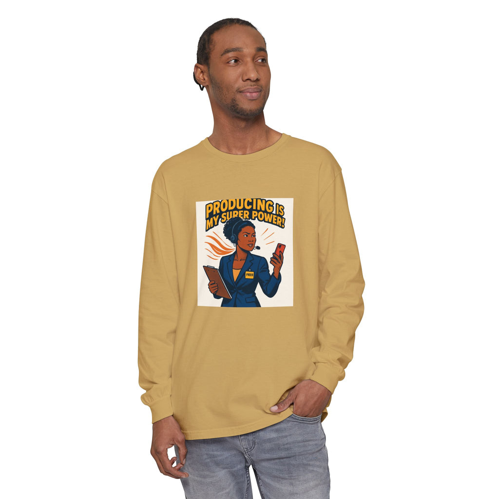 News Producer Power Long Sleeve Tee — "Producing Is My Superpower" Graphic