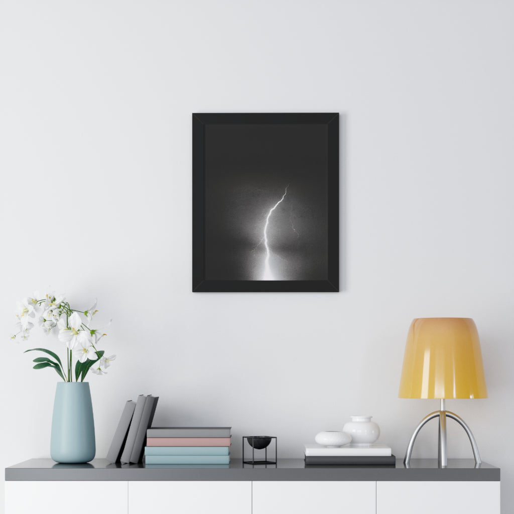 Lightning Strike Framed Poster — Moody Black & White Vertical Wall Art