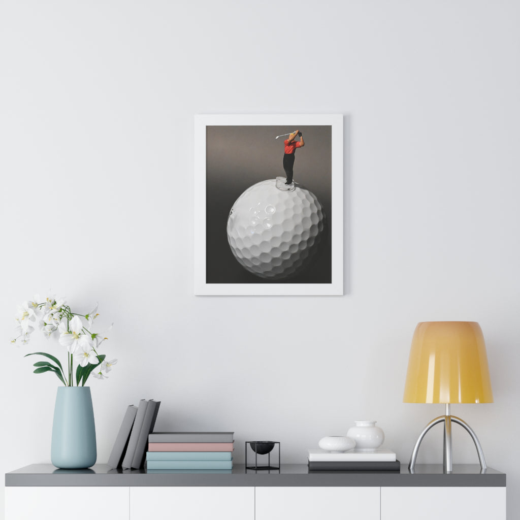 Golf Swing Framed Poster — Miniature Golfer on Giant Golf Ball (Vertical)