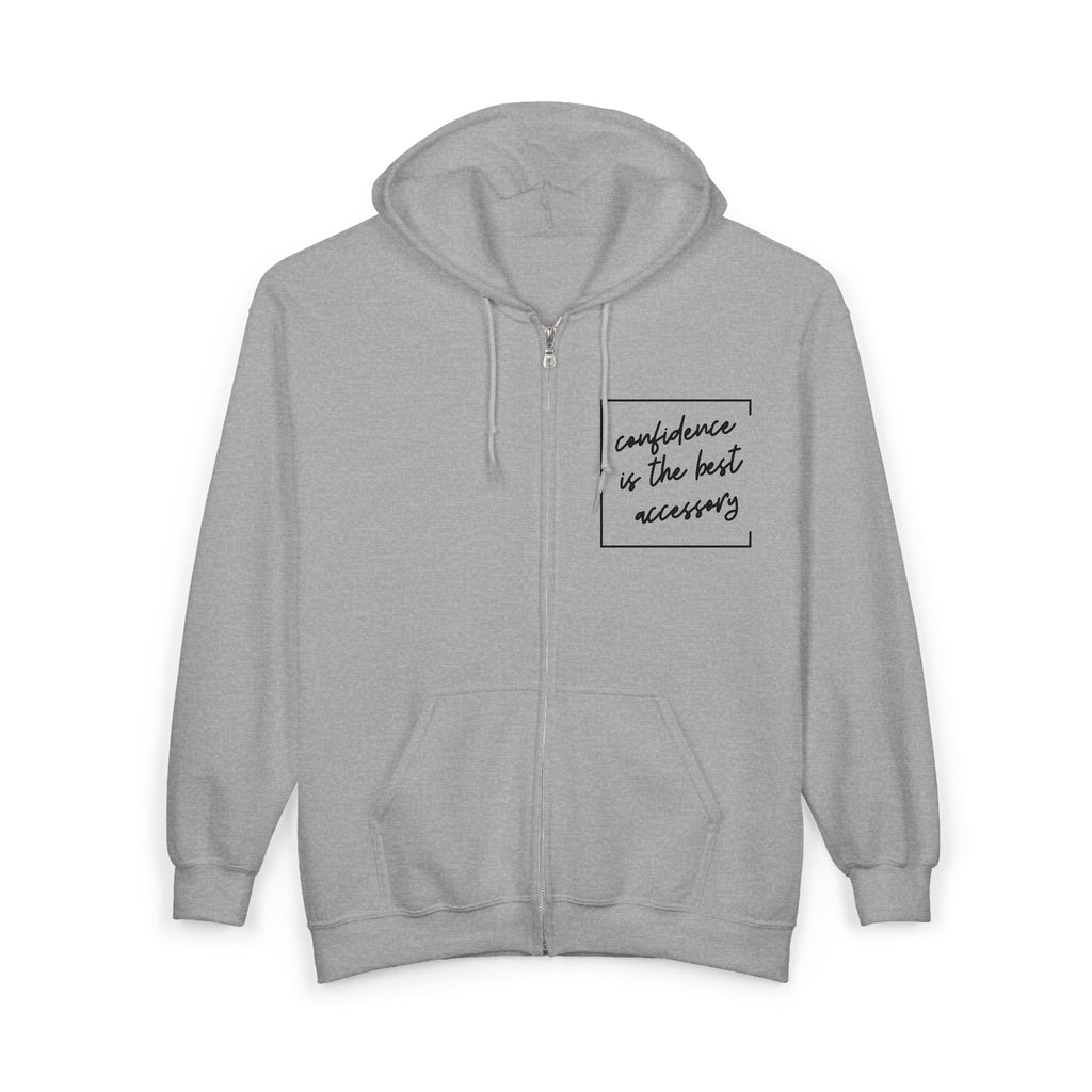 "confidence is the best accessory": Full-Zip Hoodie with Script Pocket Quote
