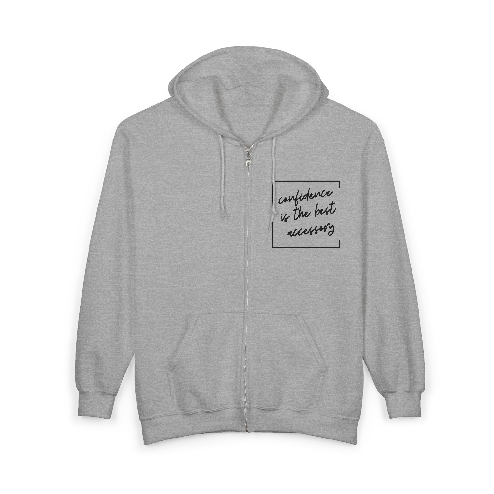 "confidence is the best accessory": Full-Zip Hoodie with Script Pocket Quote