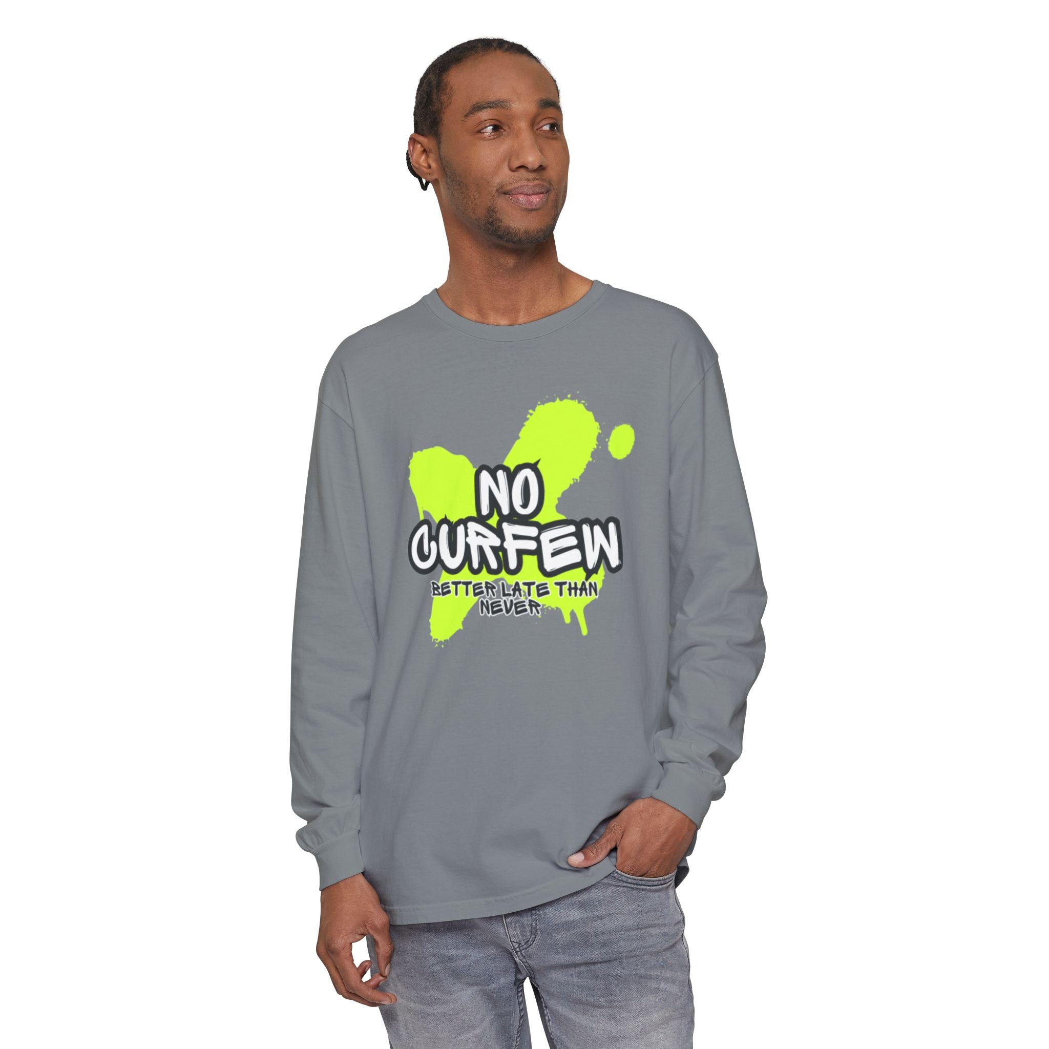 Unisex Long Sleeve Graphic Tee - Fun 'No Curfew' Design for Casual Wear, Gifts, Parties, Festivals, Youth Style