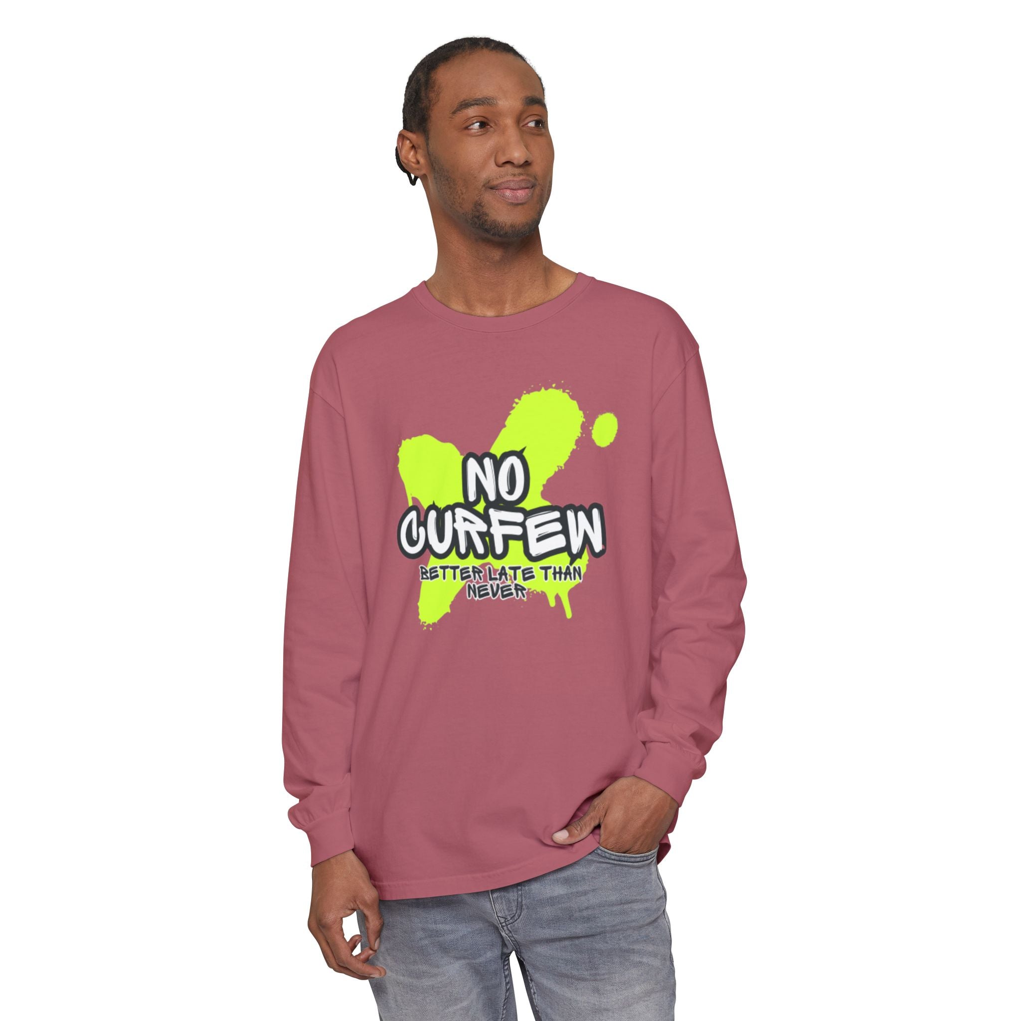 Unisex Long Sleeve Graphic Tee - Fun 'No Curfew' Design for Casual Wear, Gifts, Parties, Festivals, Youth Style