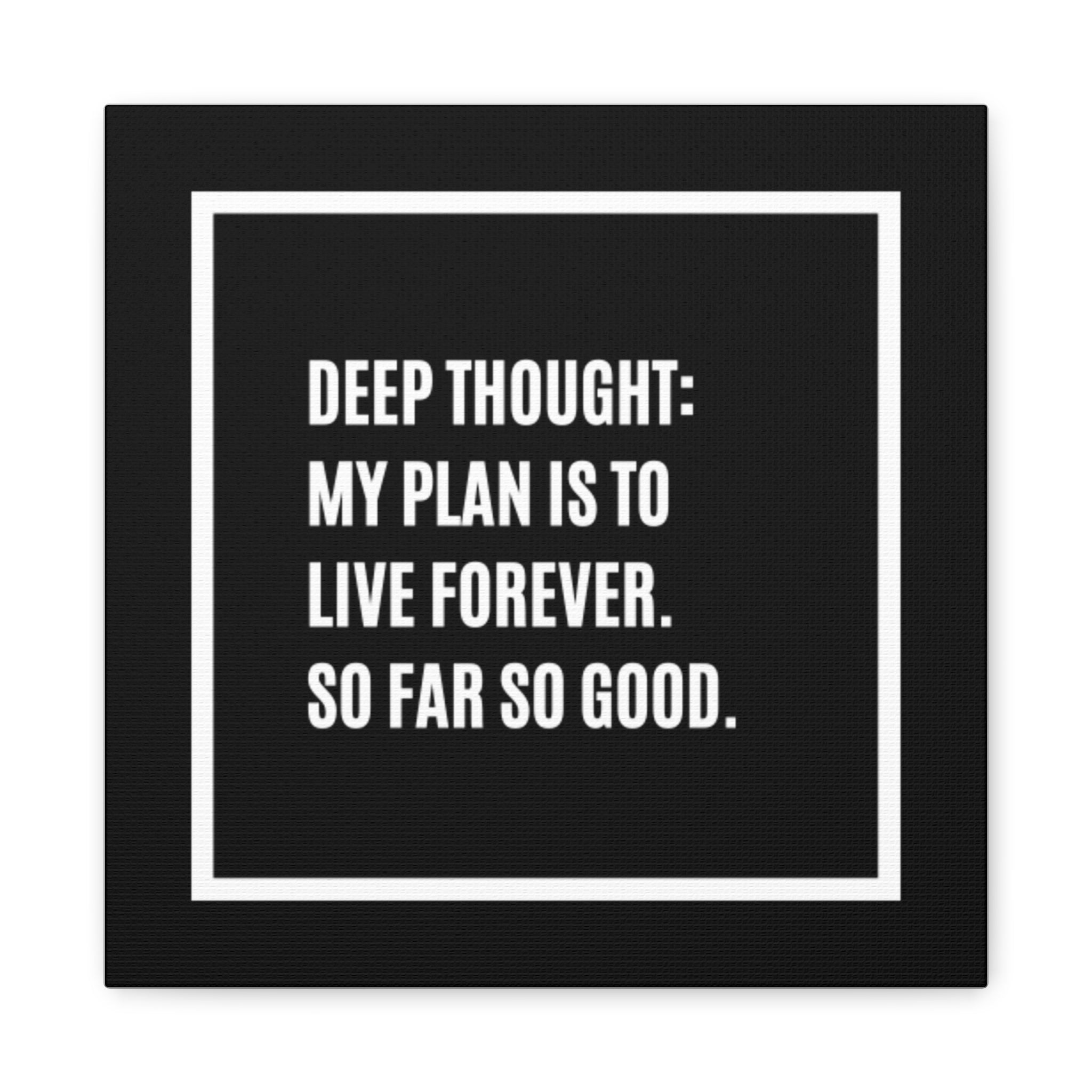 Canvas Wall Art - "Deep Thought: My Plan Is To Live Forever. So Far So Good." Minimal Black Typography