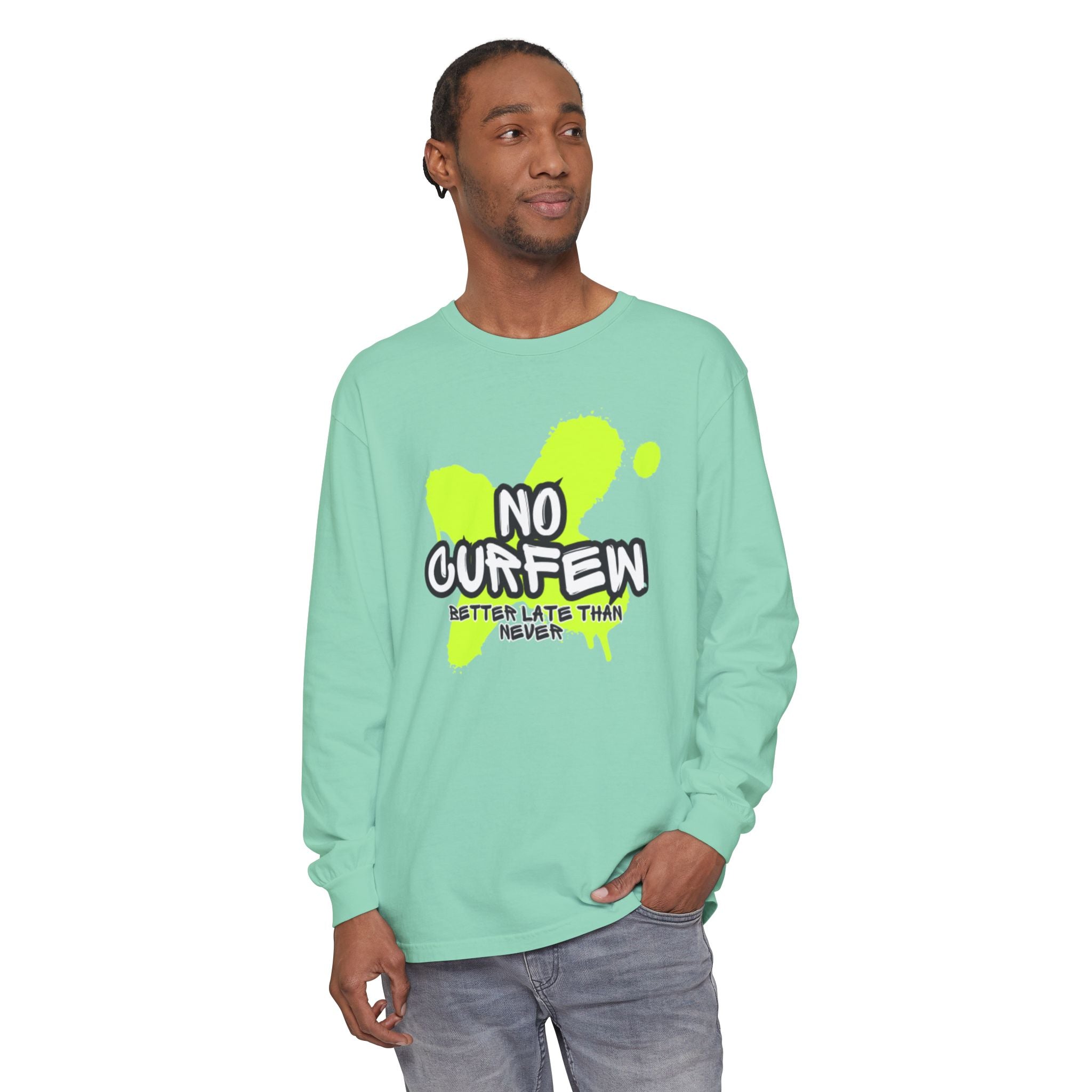 Unisex Long Sleeve Graphic Tee - Fun 'No Curfew' Design for Casual Wear, Gifts, Parties, Festivals, Youth Style