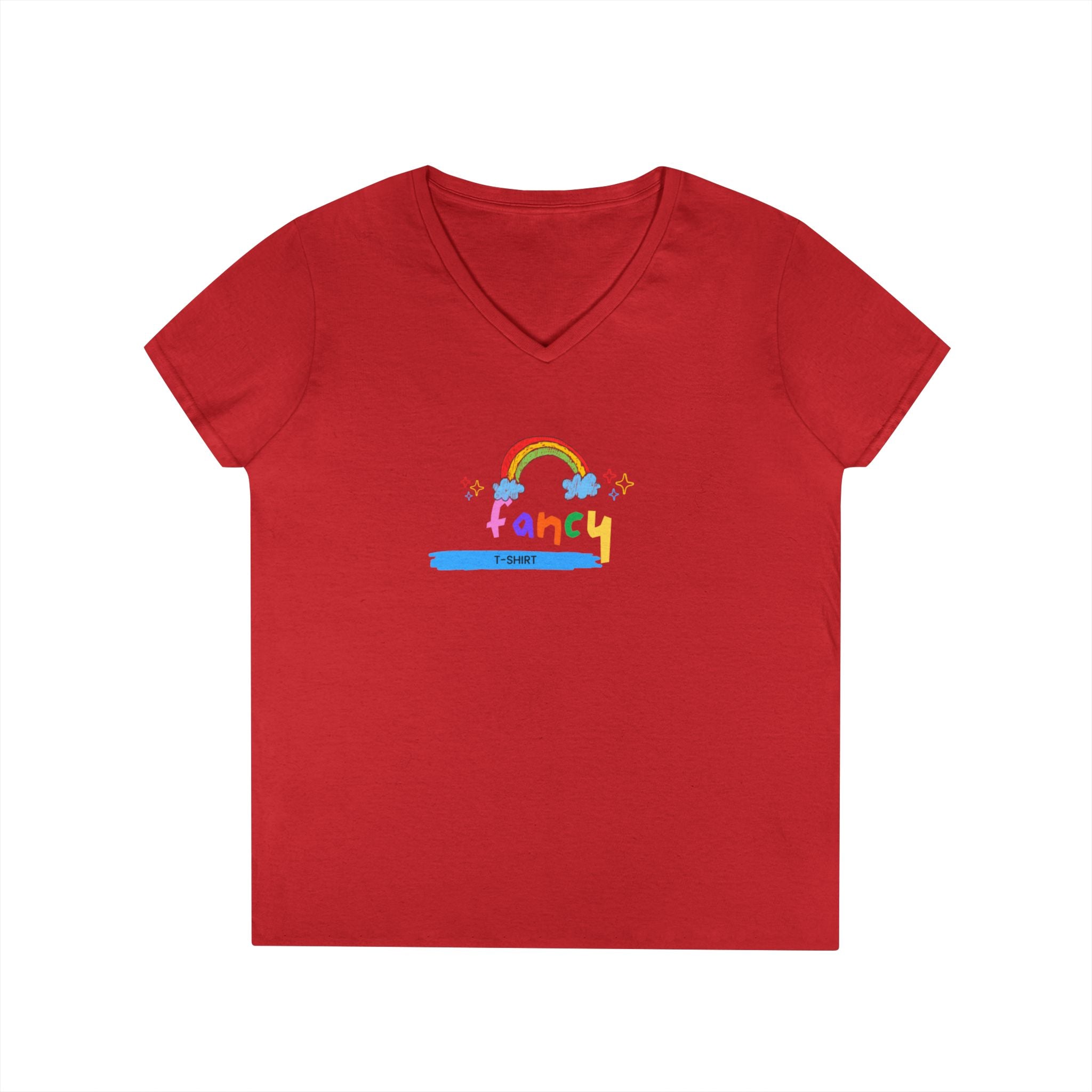 "Fancy" V-Neck Tee — 'Fancy' Cute Rainbow Graphic