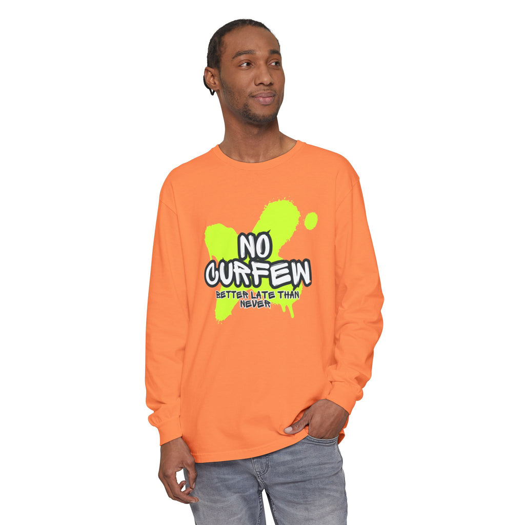 Unisex Long Sleeve Graphic Tee - Fun 'No Curfew' Design for Casual Wear, Gifts, Parties, Festivals, Youth Style