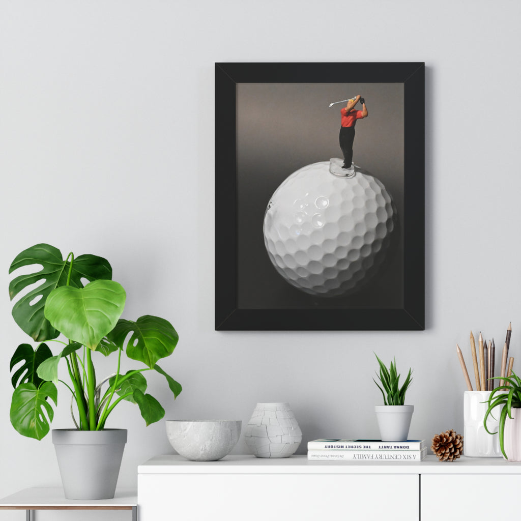 Golf Swing Framed Poster — Miniature Golfer on Giant Golf Ball (Vertical)