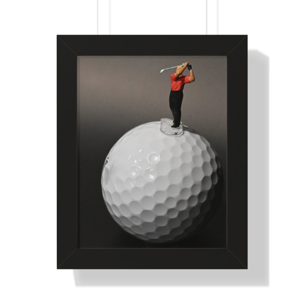 Golf Swing Framed Poster — Miniature Golfer on Giant Golf Ball (Vertical)