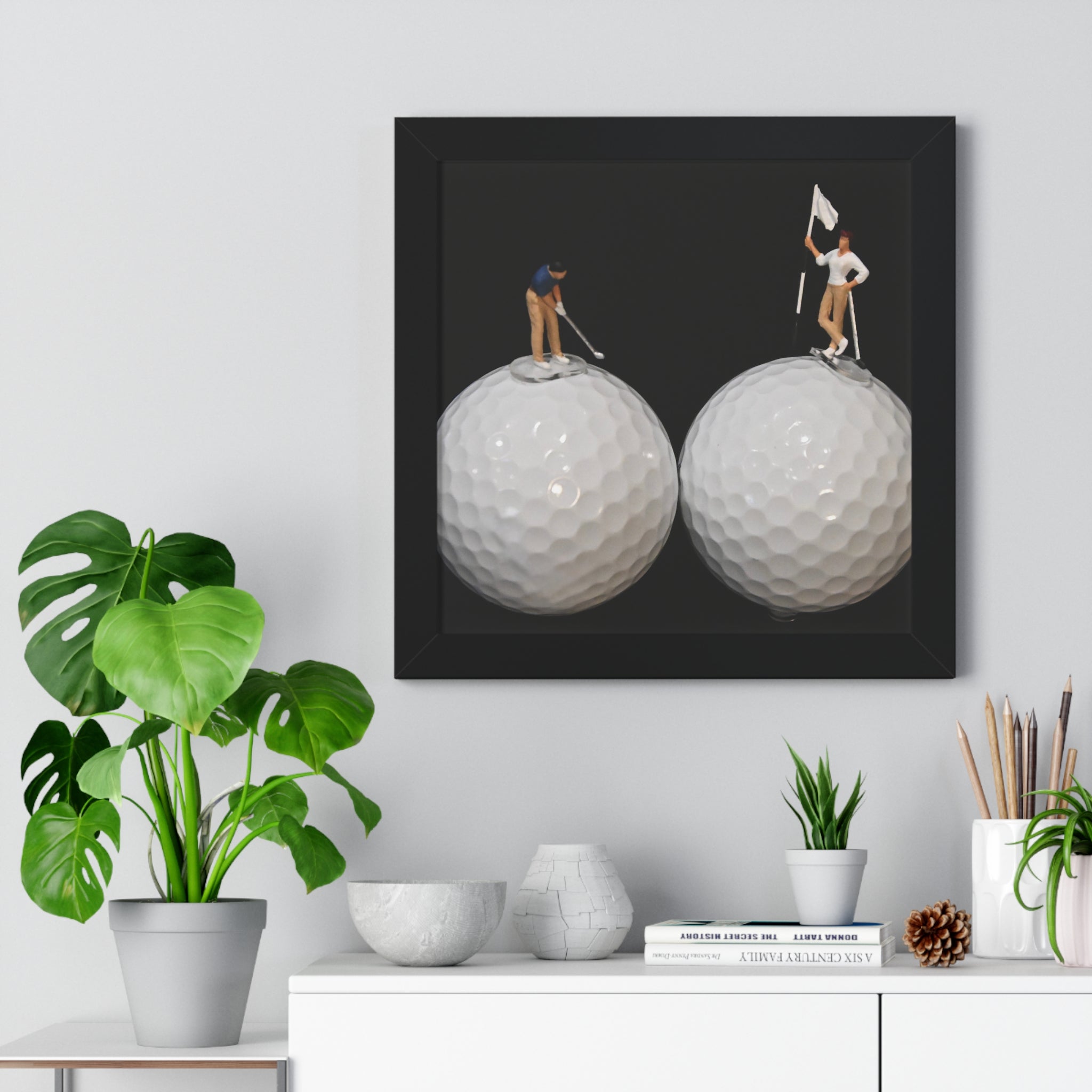 Framed Poster — Miniature Golfers on Golf Ball Landscape (Vertical)