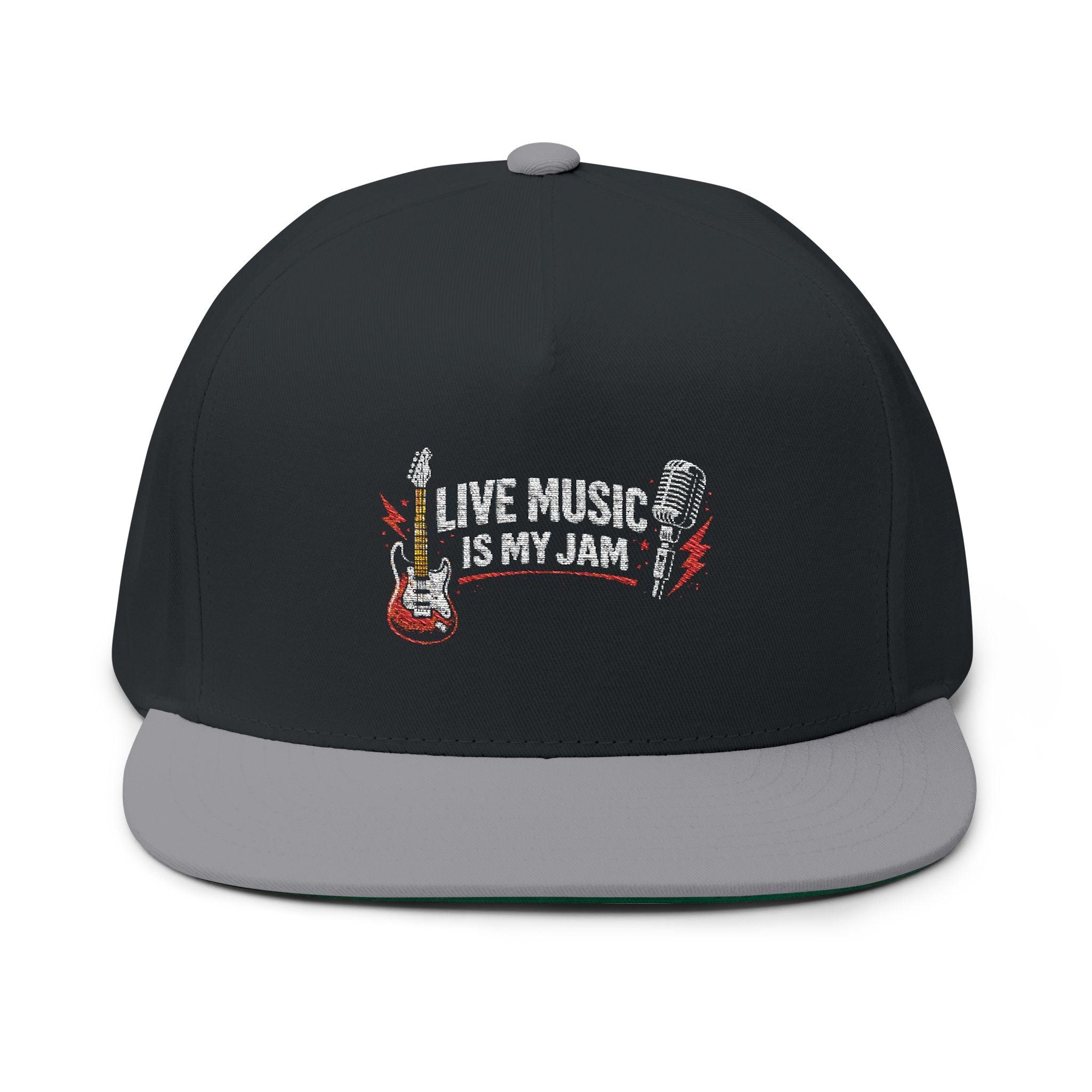 Live Music Is My Jam Embroidered Flat Bill Cap — Guitar & Mic Music Lover Snapback