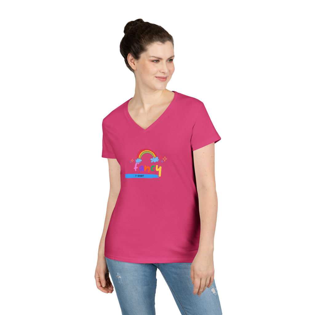 "Fancy" V-Neck Tee — 'Fancy' Cute Rainbow Graphic